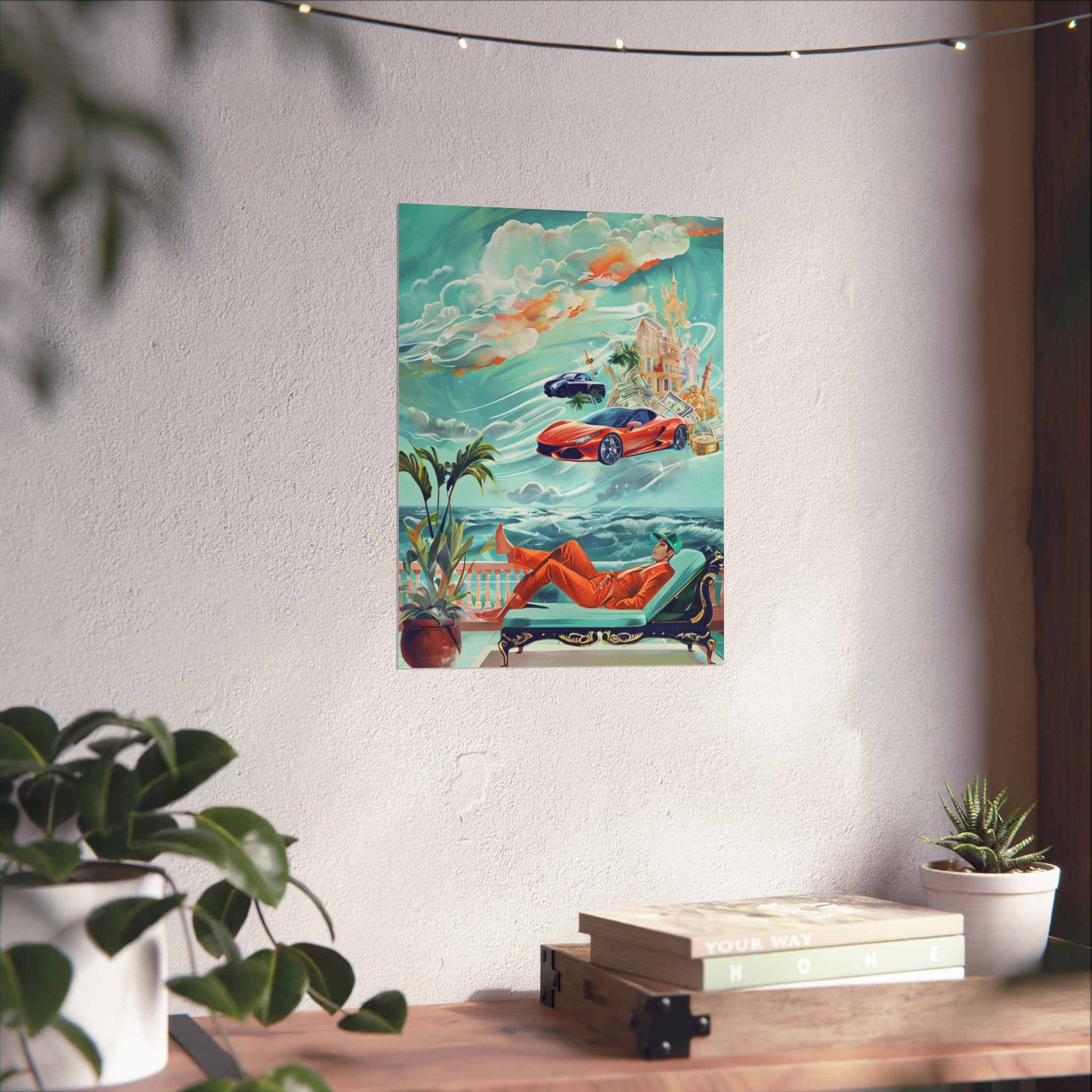 Surreal Coastline Art Poster — Dreamy Sports Car & Lounging Figure Print