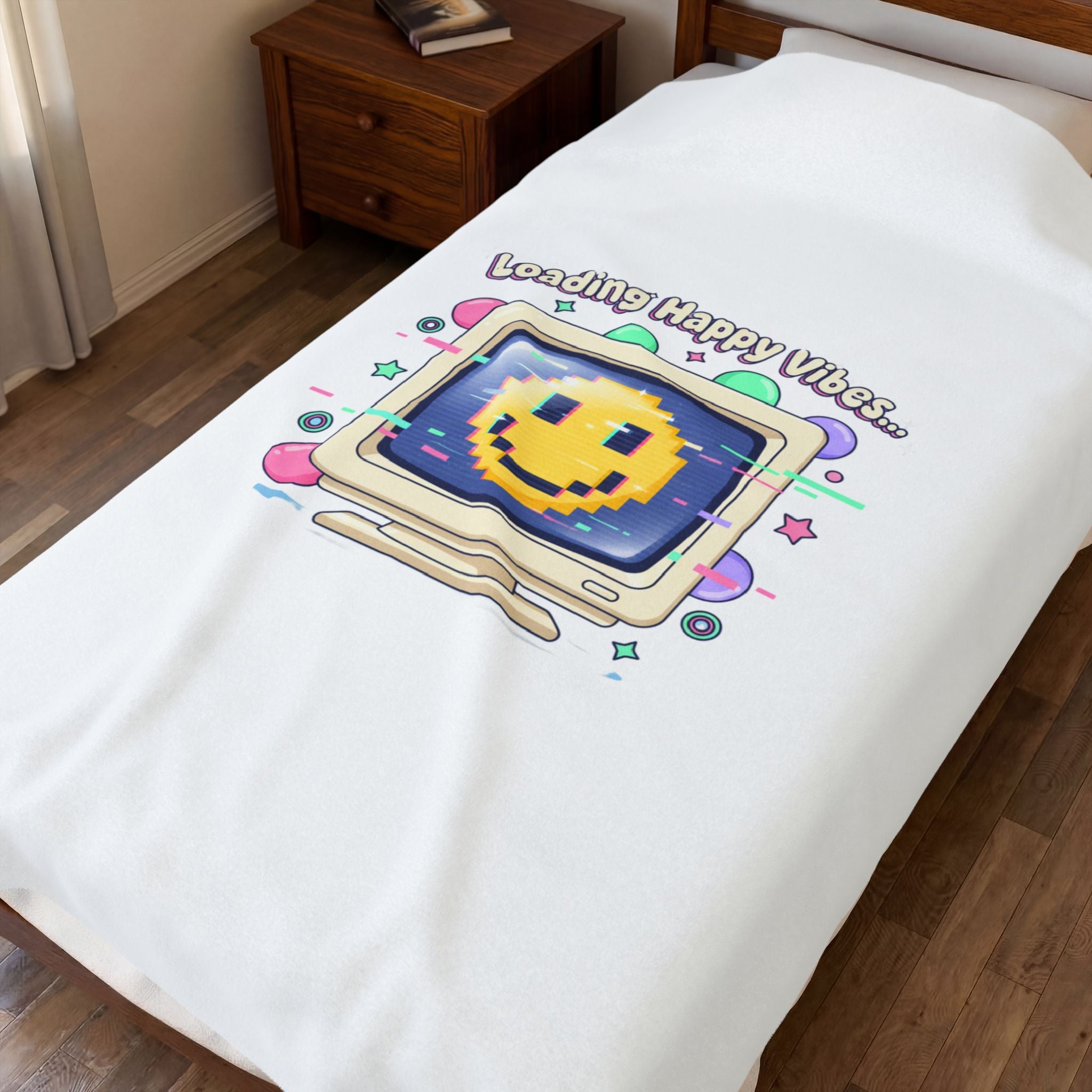 Loading Happy Vibes Retro OS Pixel Smiley Blanket | Y2K Retro Tech Nostalgia