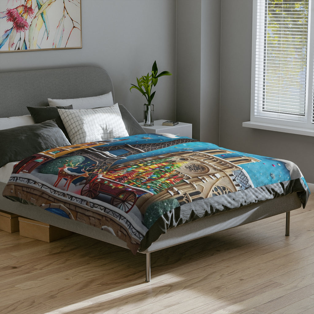 Christmas Paris Holiday Blanket — Eiffel Tower & Notre-Dame Winter Scene Velveteen Throw