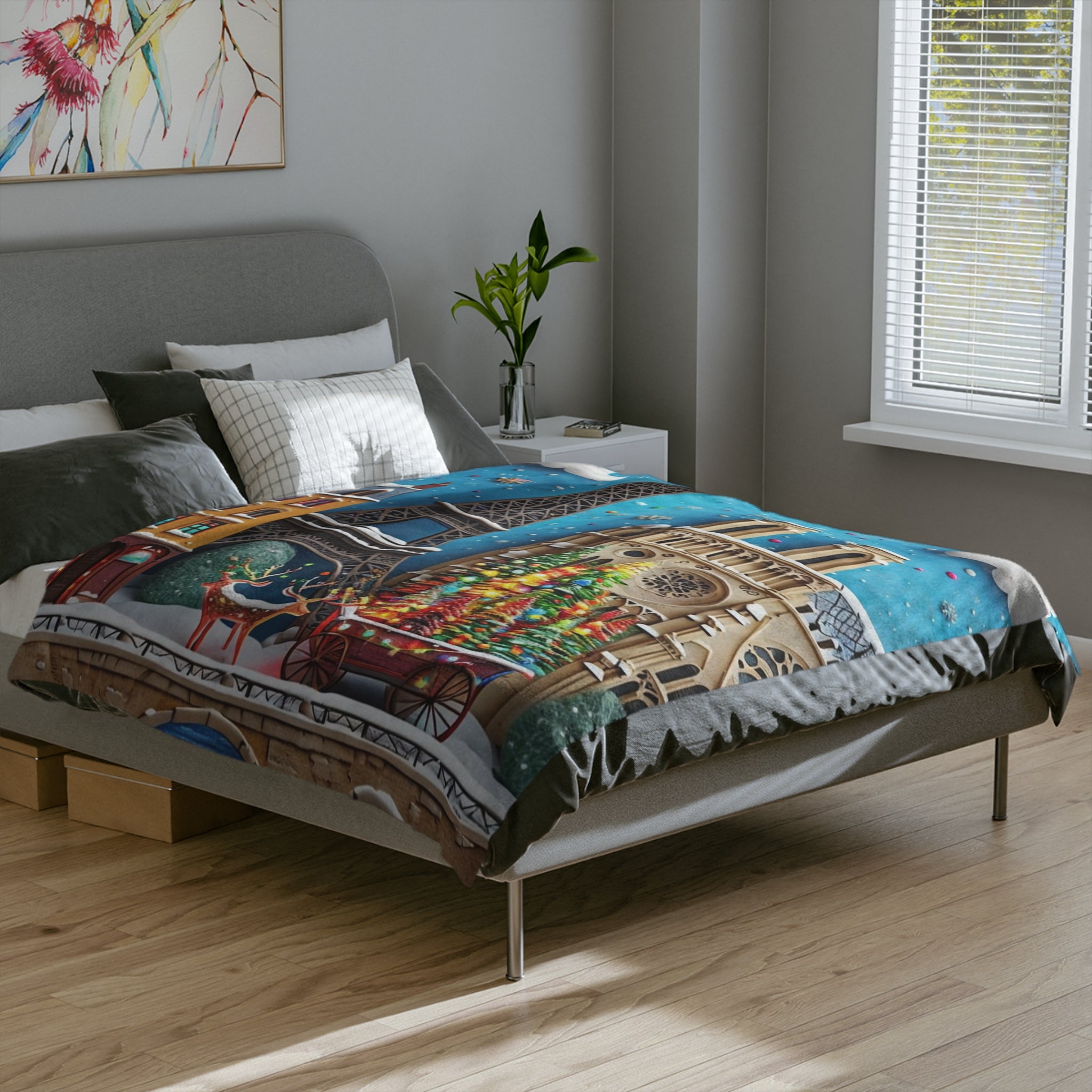 Christmas Paris Holiday Blanket — Eiffel Tower & Notre-Dame Winter Scene Velveteen Throw