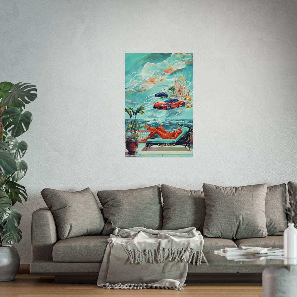 Surreal Coastline Art Poster — Dreamy Sports Car & Lounging Figure Print