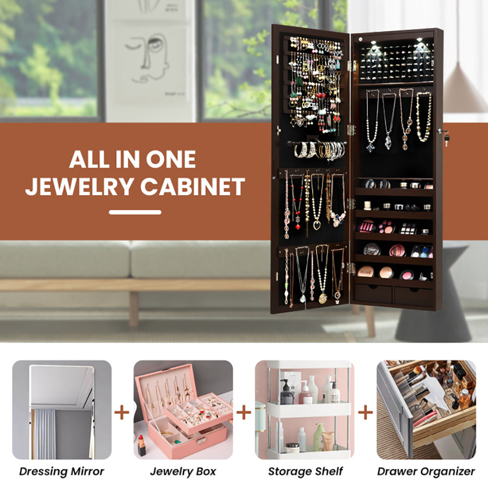 Elegant Lockable Wall Mount Jewelry Cabinet with LED Lights and Full-Length Mirror