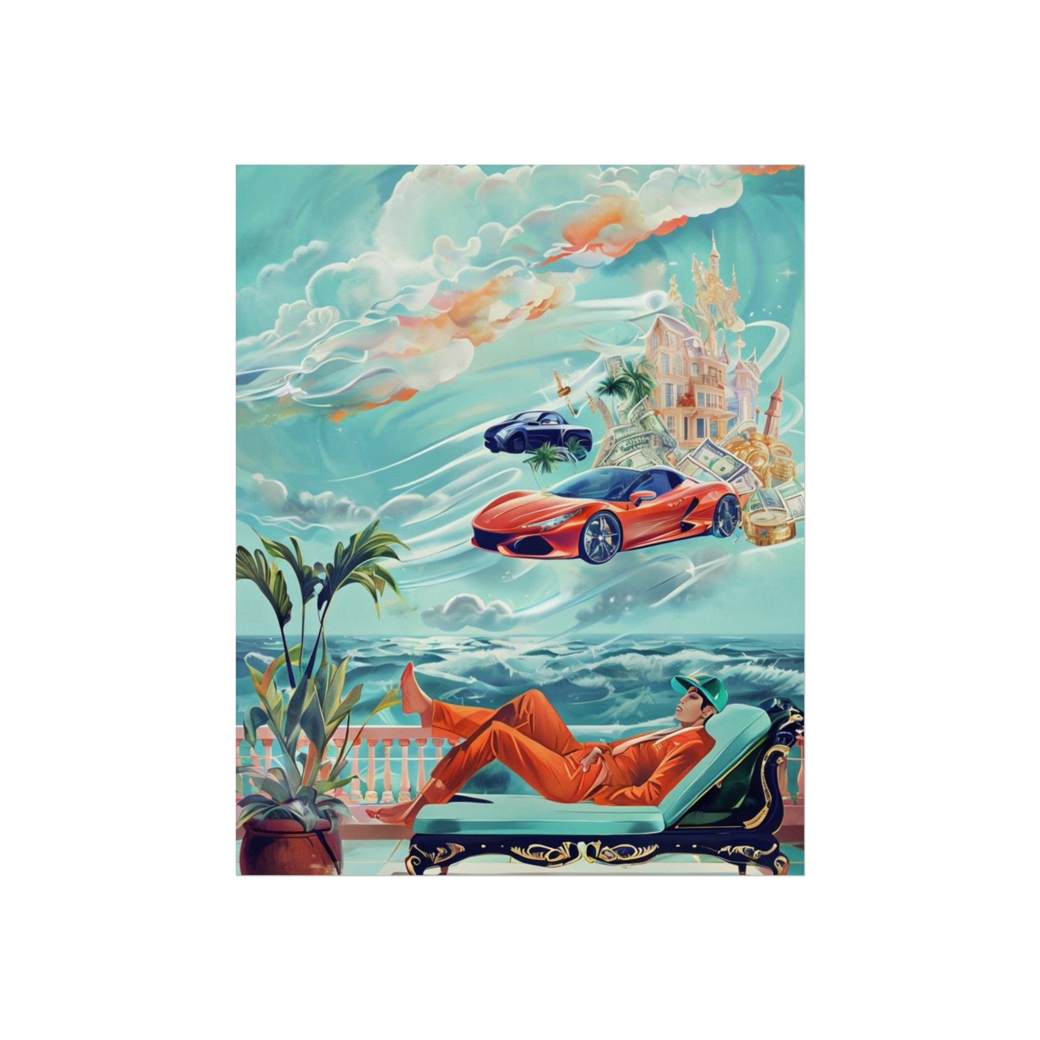 Surreal Coastline Art Poster — Dreamy Sports Car & Lounging Figure Print
