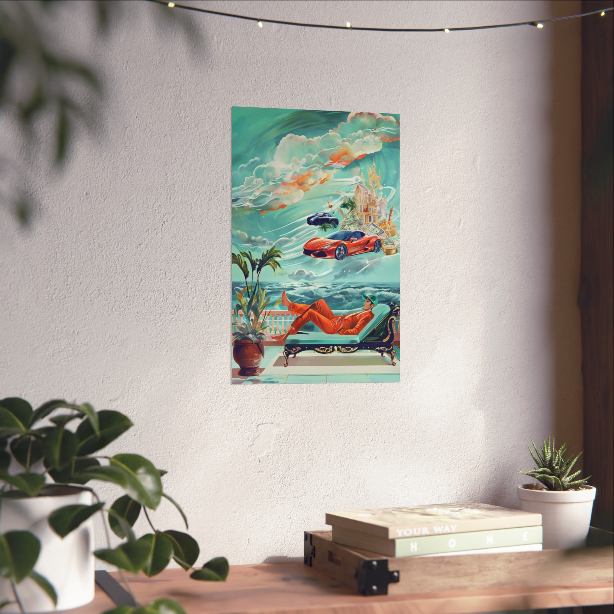 Surreal Coastline Art Poster — Dreamy Sports Car & Lounging Figure Print
