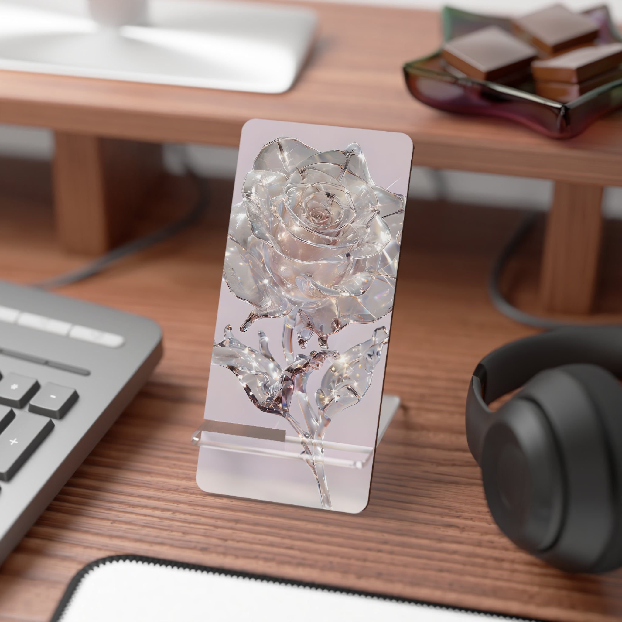 Elegant Floral Smartphone Stand, Crystal Rose Display Holder, Desk Organizer, Gift for Her, Home Decor, Phone Accessory
