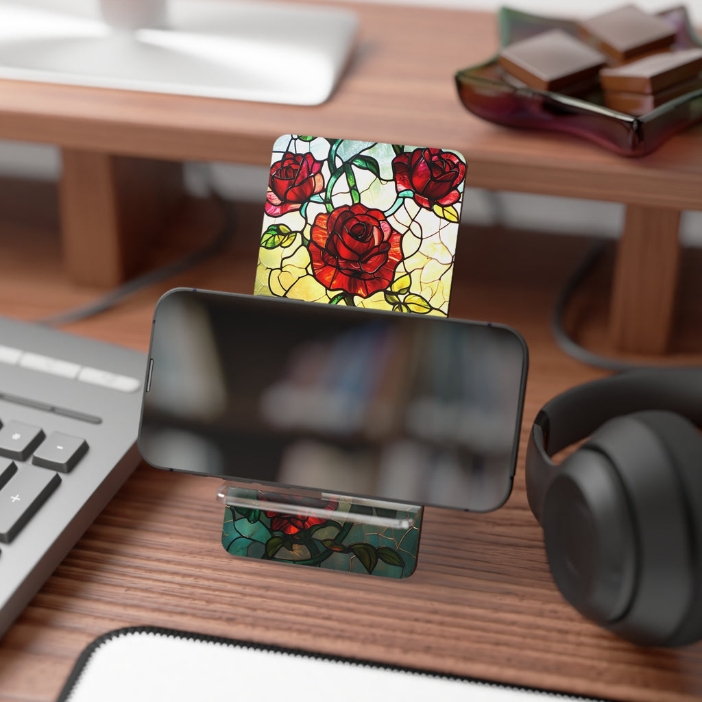 Stained Glass Rose Mobile Stand | Desk Accessory, Phone Holder, Gift for Her, Home Decor, Office Supplies, Floral Design