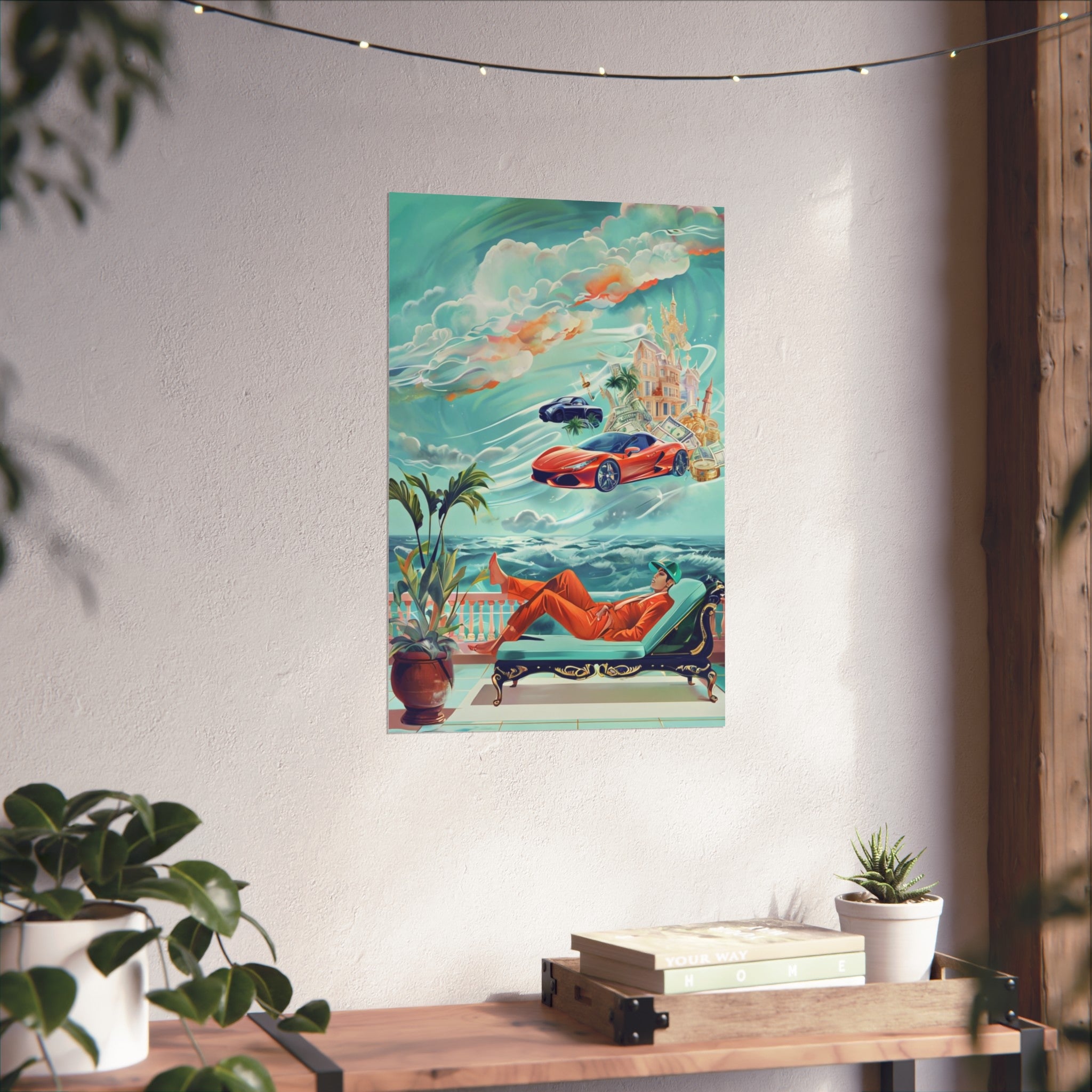 Surreal Coastline Art Poster — Dreamy Sports Car & Lounging Figure Print