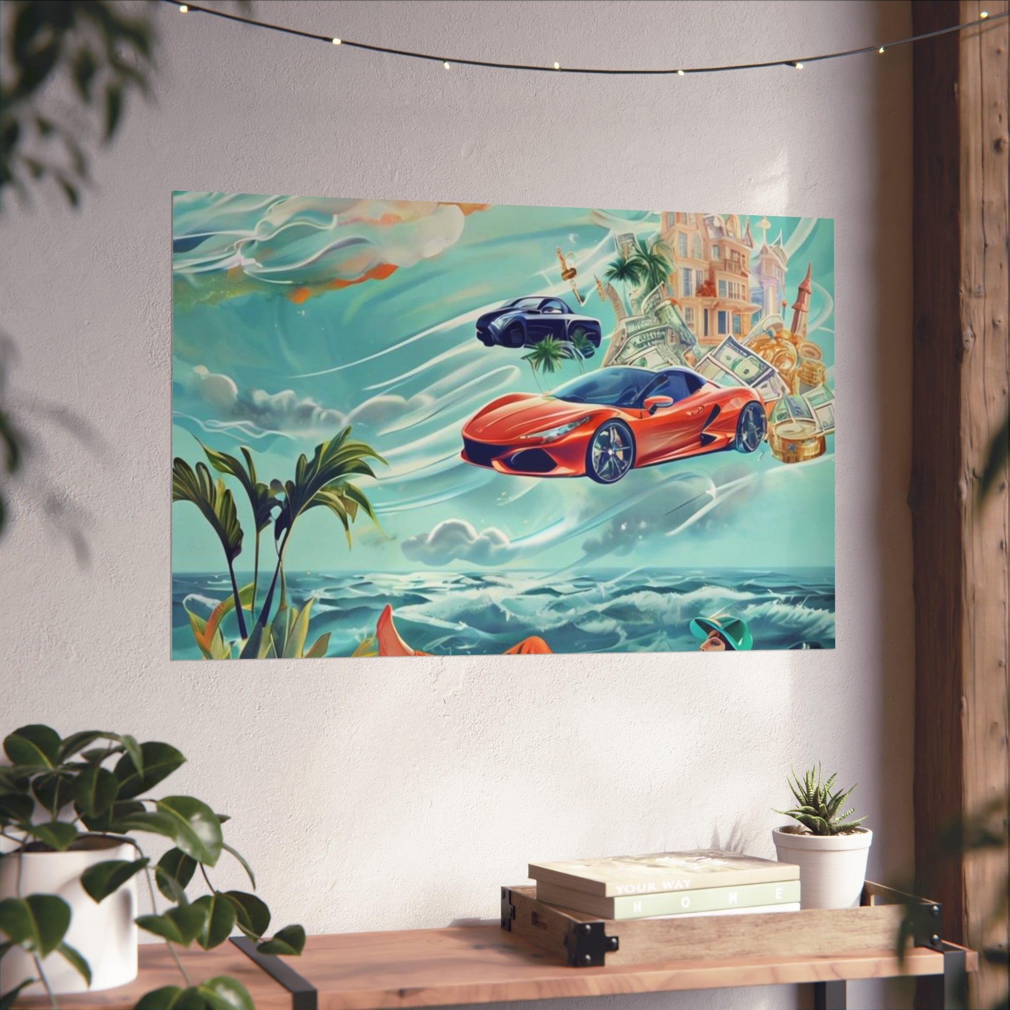 Surreal Coastline Art Poster — Dreamy Sports Car & Lounging Figure Print