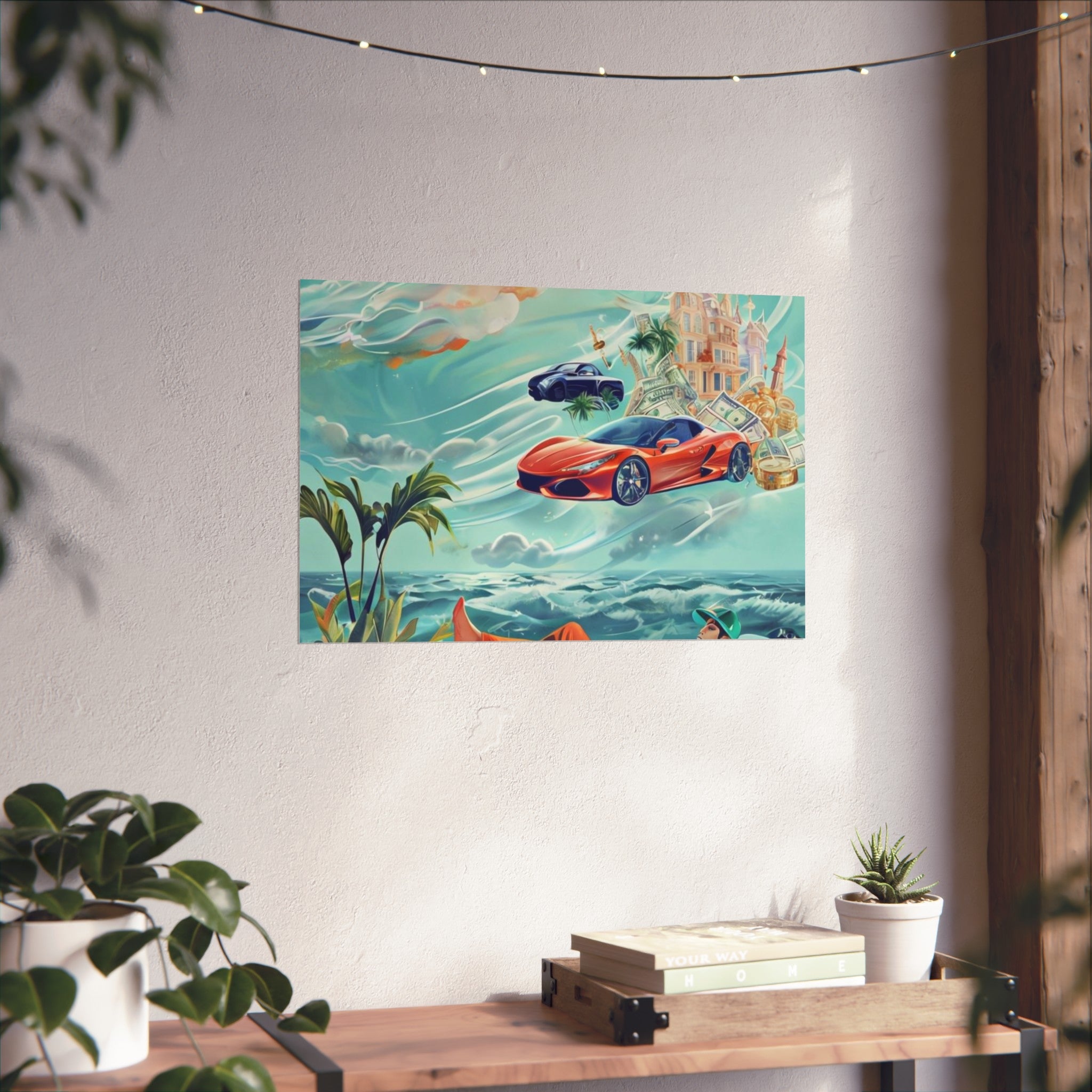 Surreal Coastline Art Poster — Dreamy Sports Car & Lounging Figure Print