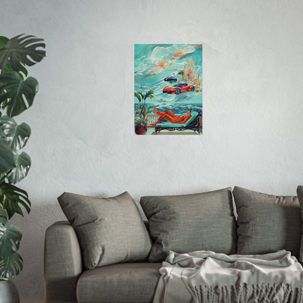 Surreal Coastline Art Poster — Dreamy Sports Car & Lounging Figure Print