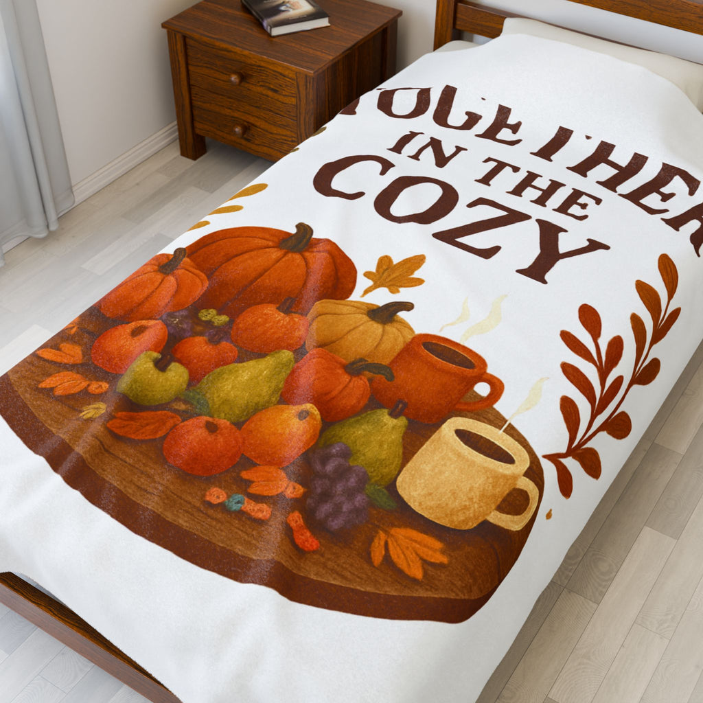 Velveteen Throw Blanket — "Together in the Cozy" Autumn Pumpkin & Warm Drink Design
