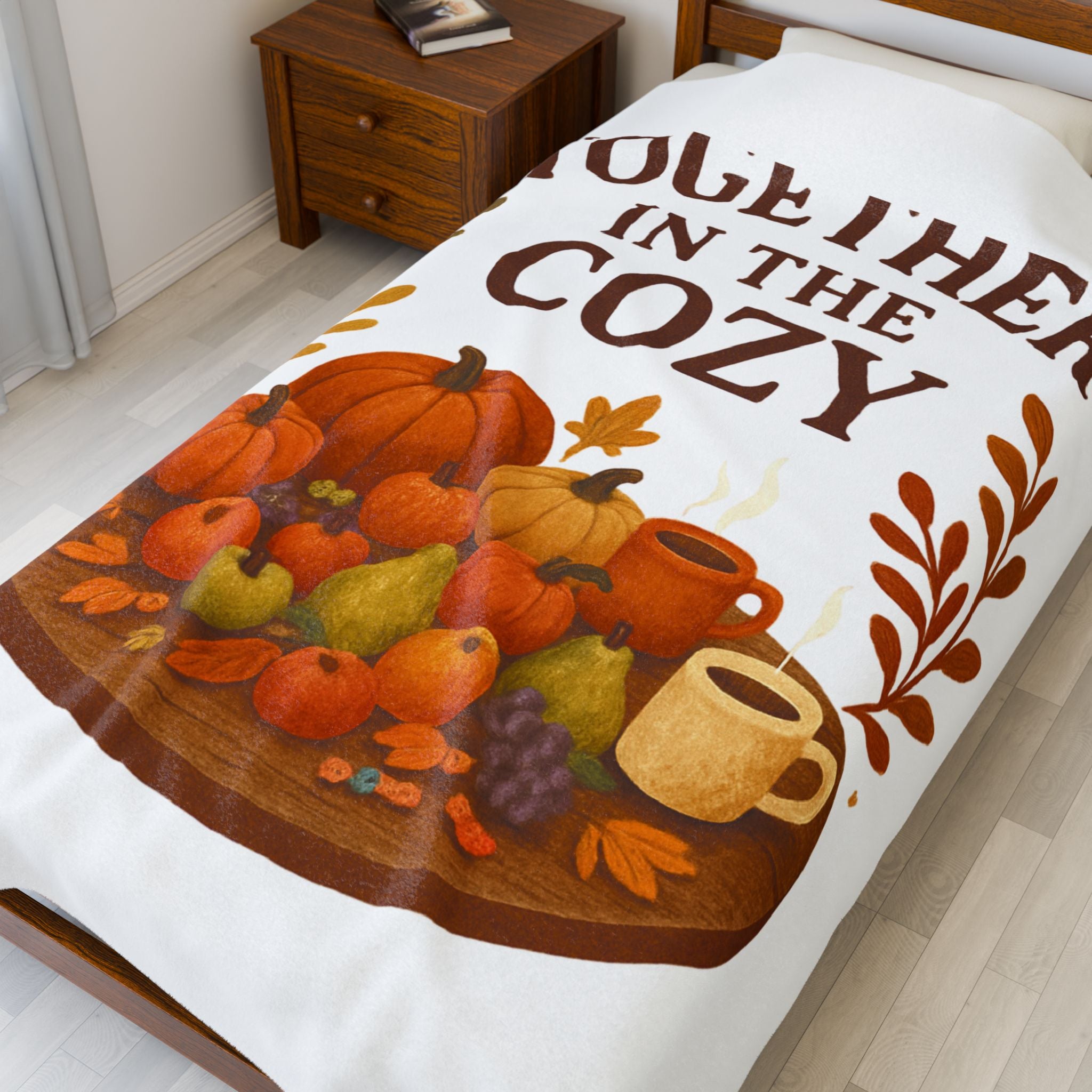 Velveteen Throw Blanket — "Together in the Cozy" Autumn Pumpkin & Warm Drink Design