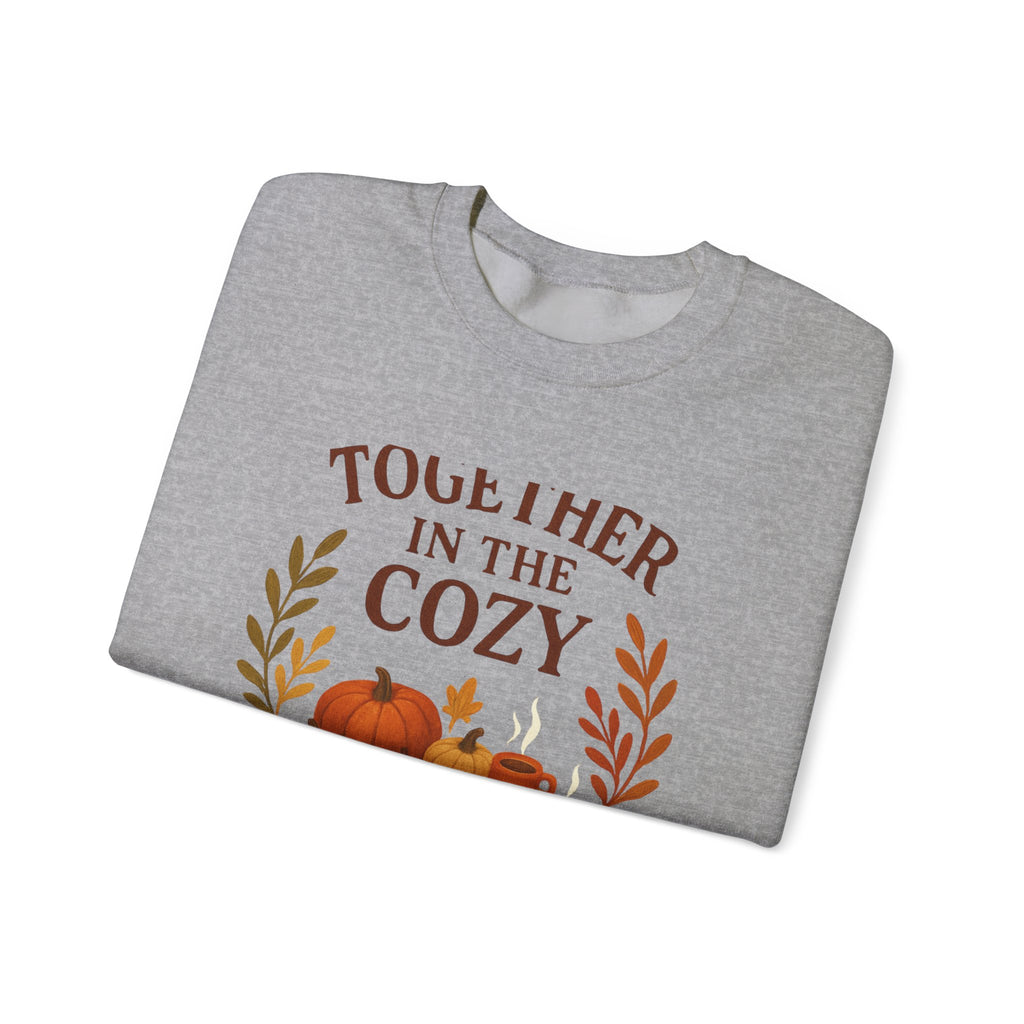 Cozy Fall Sweatshirt — "Together in the Cozy" Pumpkin & Mug Crewneck