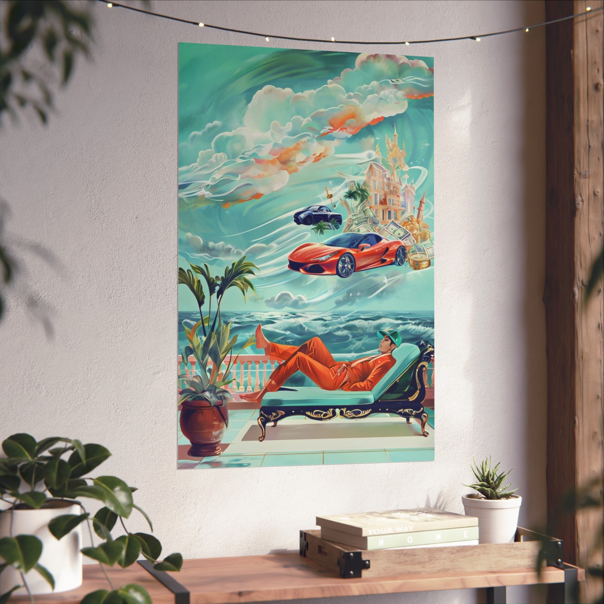 Surreal Coastline Art Poster — Dreamy Sports Car & Lounging Figure Print