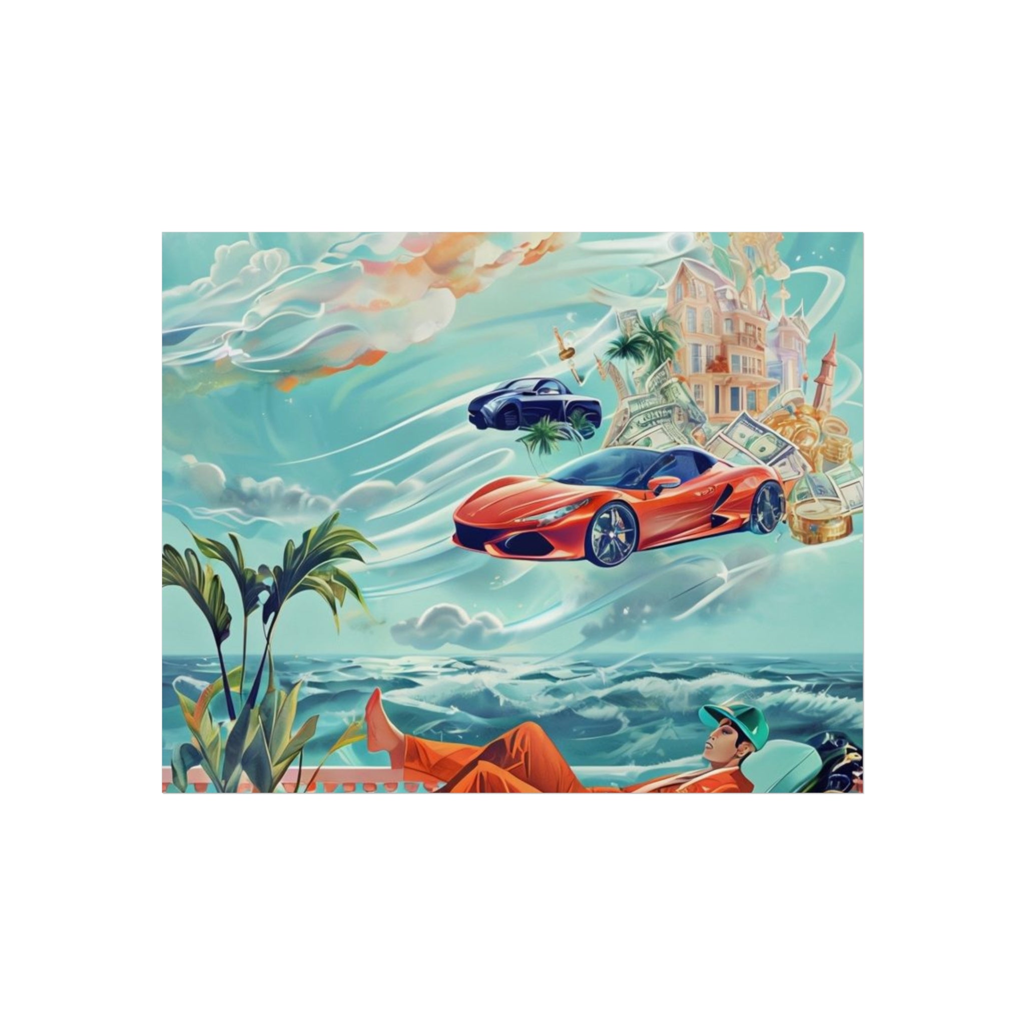 Surreal Coastline Art Poster — Dreamy Sports Car & Lounging Figure Print
