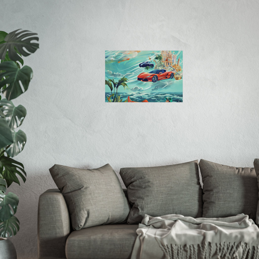 Surreal Coastline Art Poster — Dreamy Sports Car & Lounging Figure Print