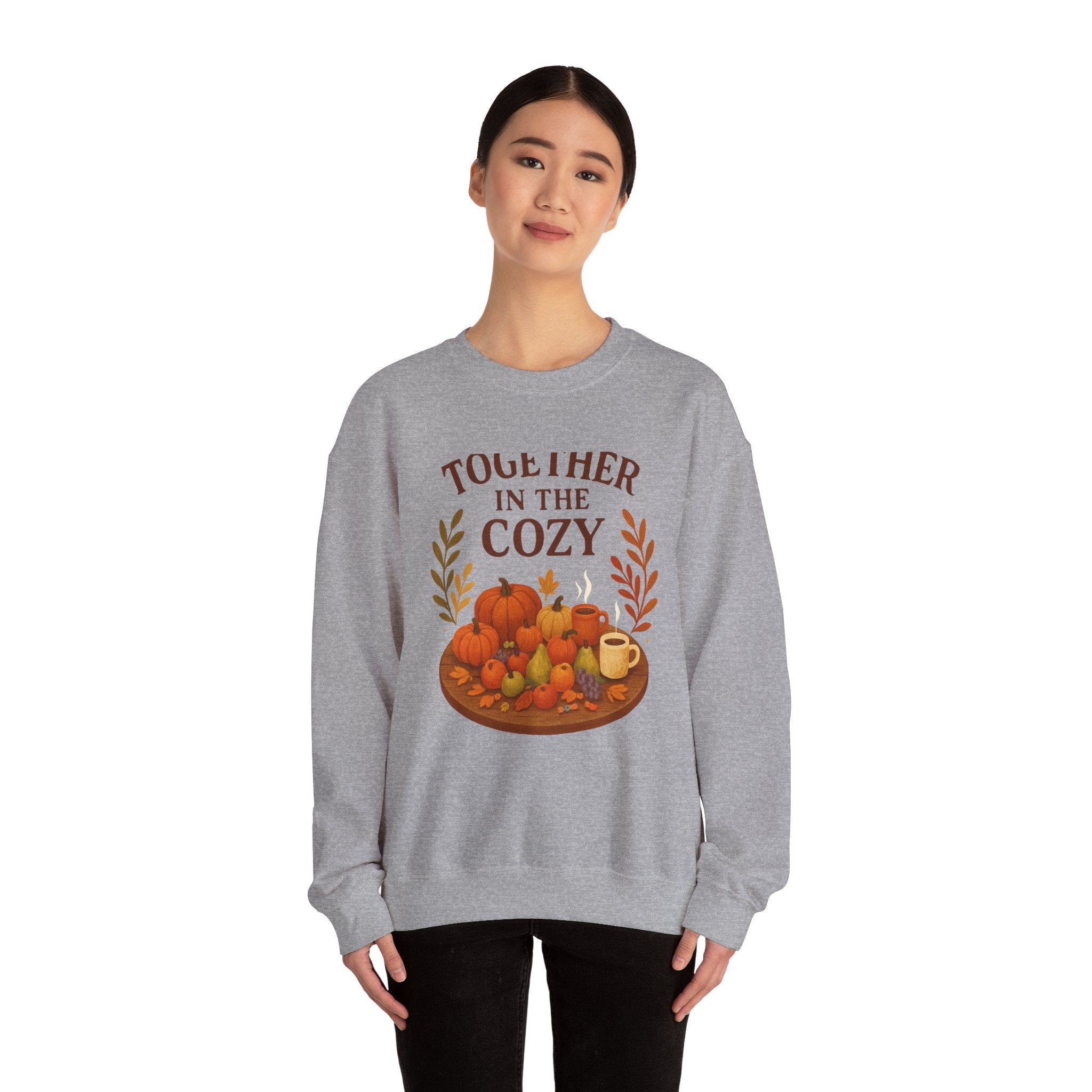 Cozy Fall Sweatshirt — "Together in the Cozy" Pumpkin & Mug Crewneck
