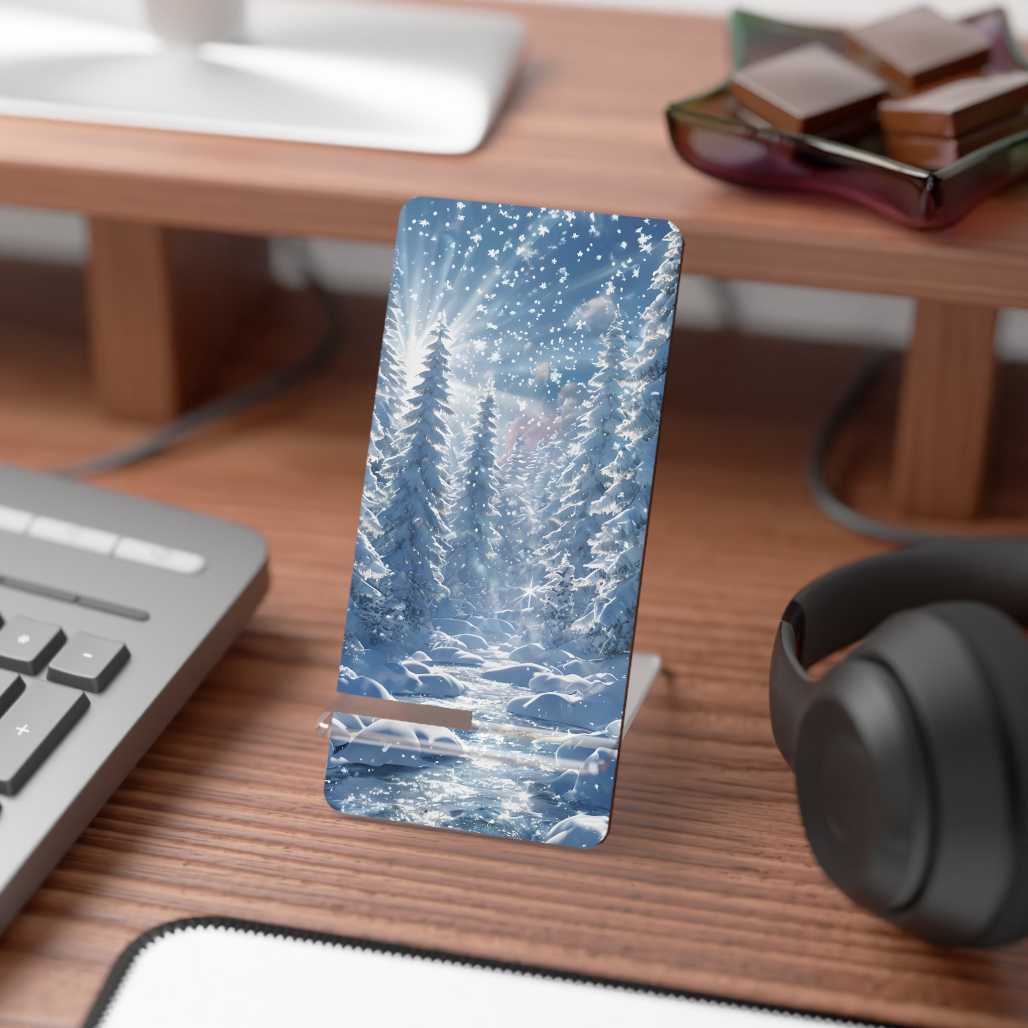Winter-themed Mobile Display Stand for Smartphones, Nature Decor, Phone Holder, Desk Accessory, Gift for Nature Lovers, Christmas