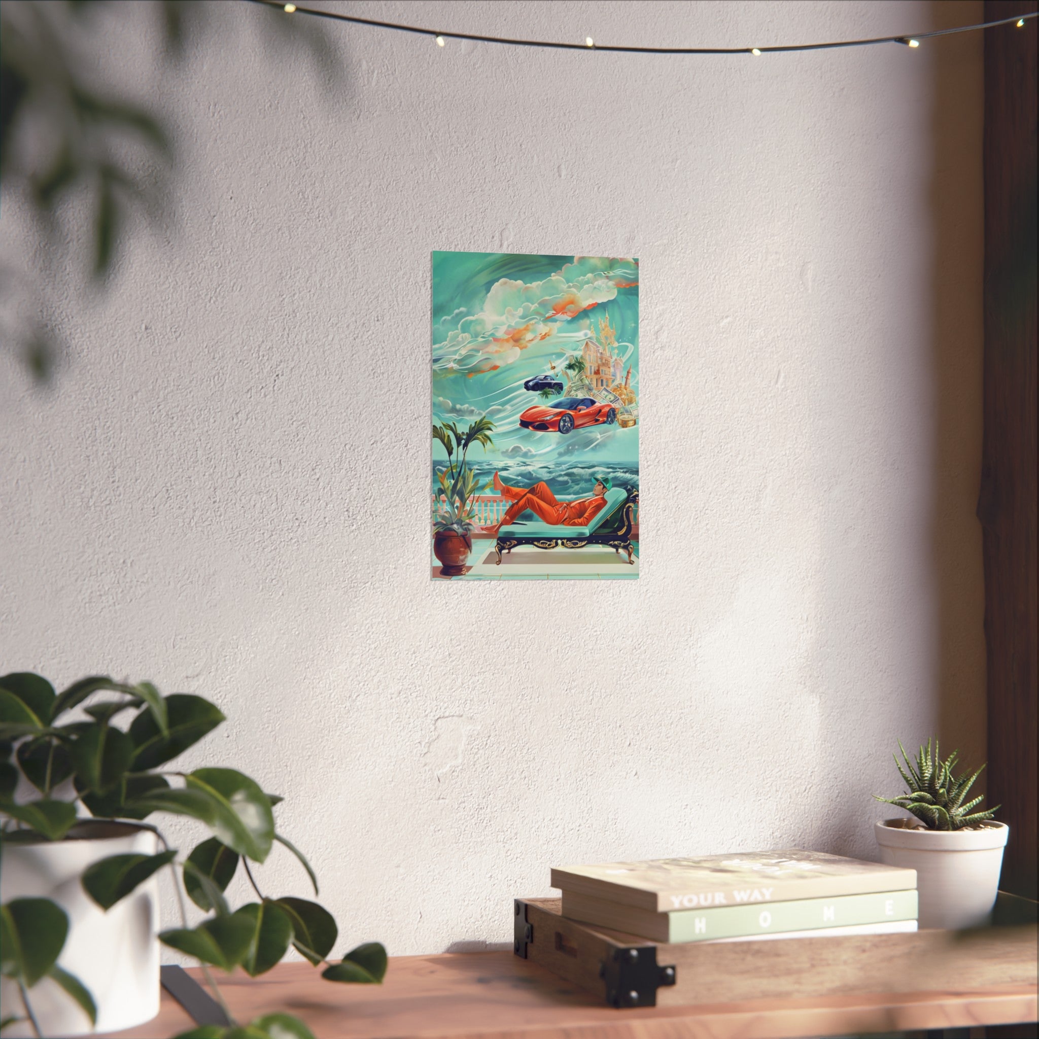 Surreal Coastline Art Poster — Dreamy Sports Car & Lounging Figure Print