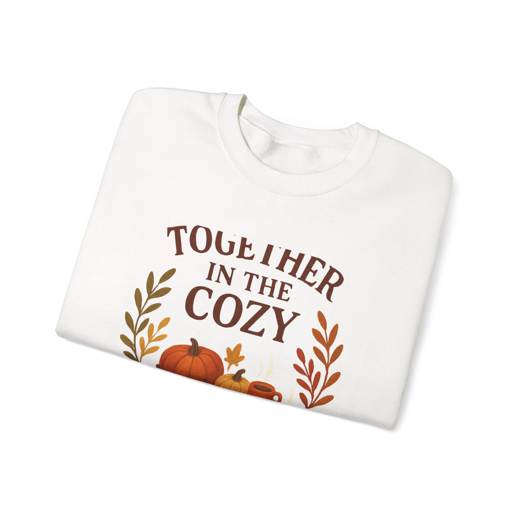 Cozy Fall Sweatshirt — "Together in the Cozy" Pumpkin & Mug Crewneck