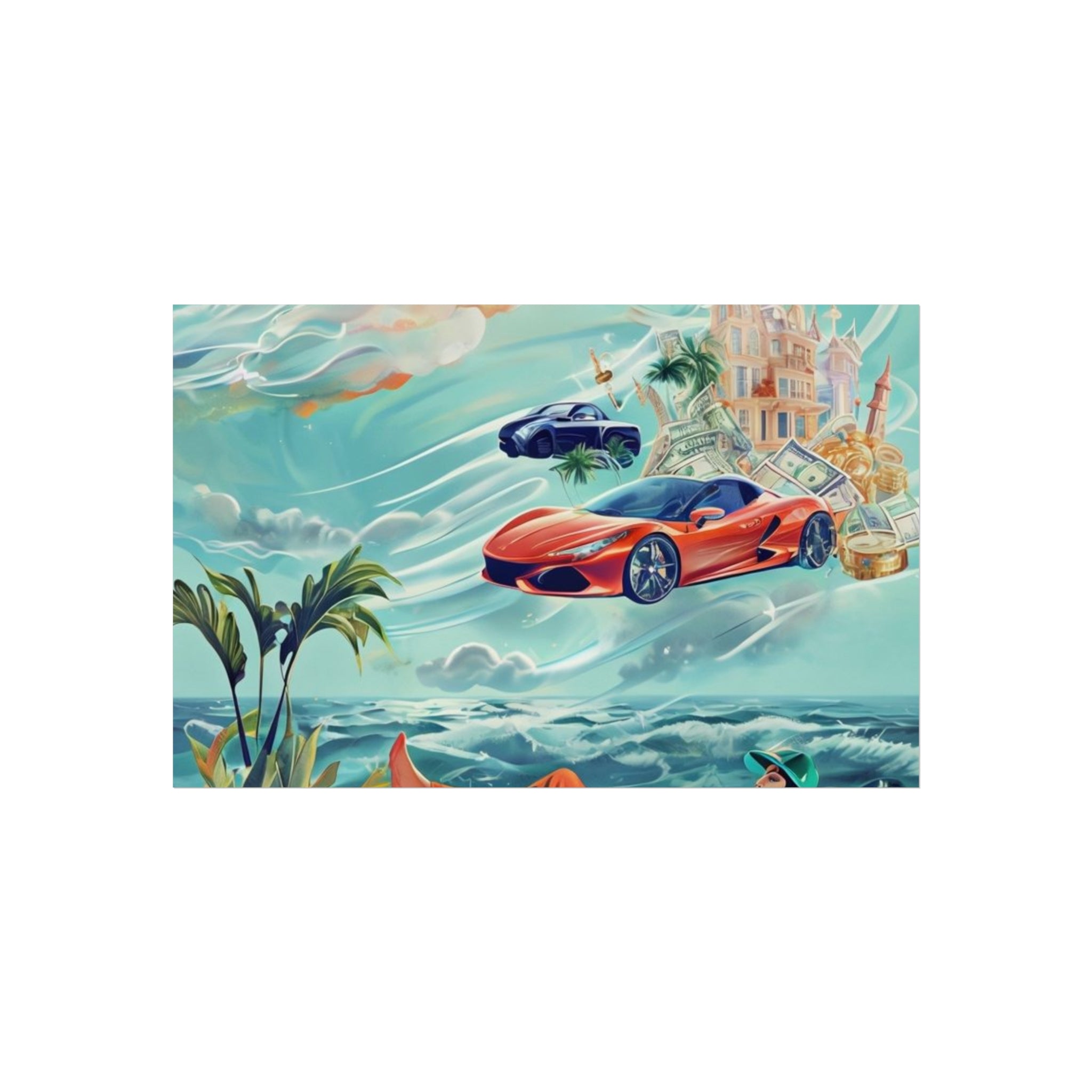 Surreal Coastline Art Poster — Dreamy Sports Car & Lounging Figure Print