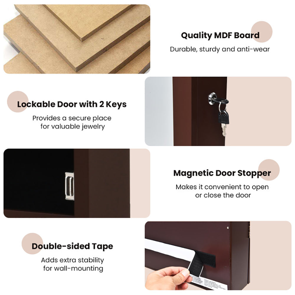 Elegant Lockable Wall Mount Jewelry Cabinet with LED Lights and Full-Length Mirror