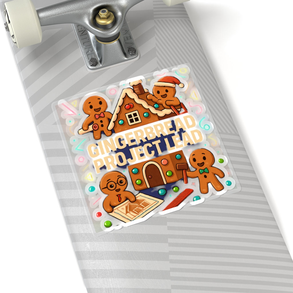 Gingerbread Project Lead Kiss-Cut Sticker — Festive Holiday Gingerbread House Design