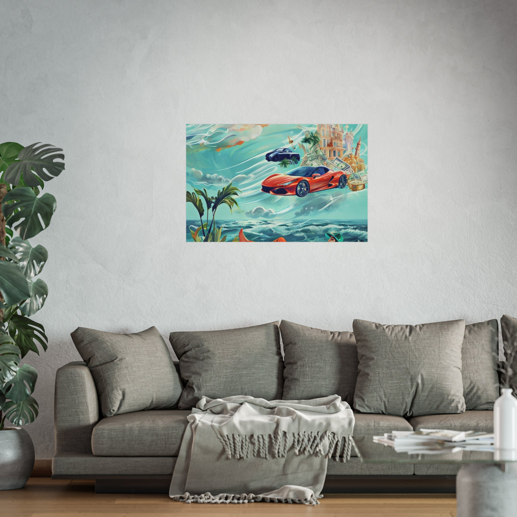 Surreal Coastline Art Poster — Dreamy Sports Car & Lounging Figure Print