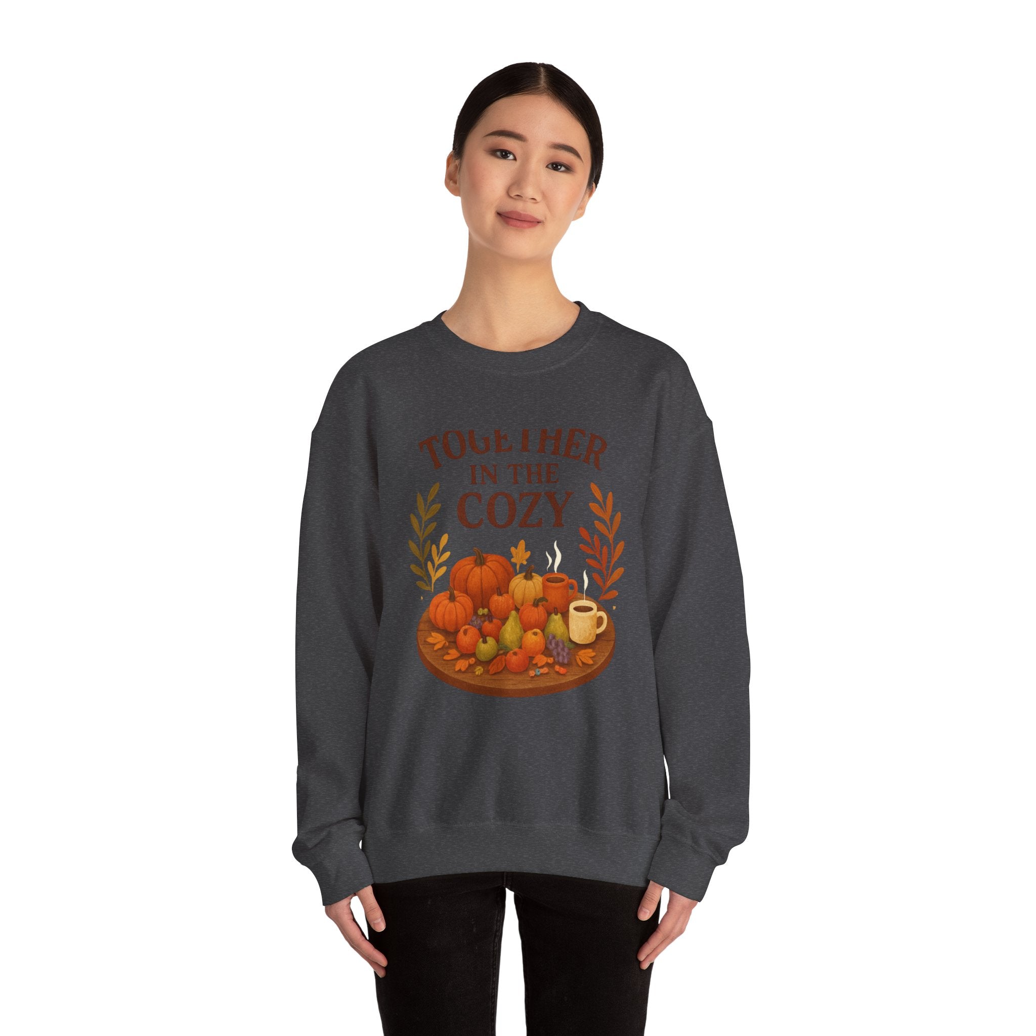 Cozy Fall Sweatshirt — "Together in the Cozy" Pumpkin & Mug Crewneck