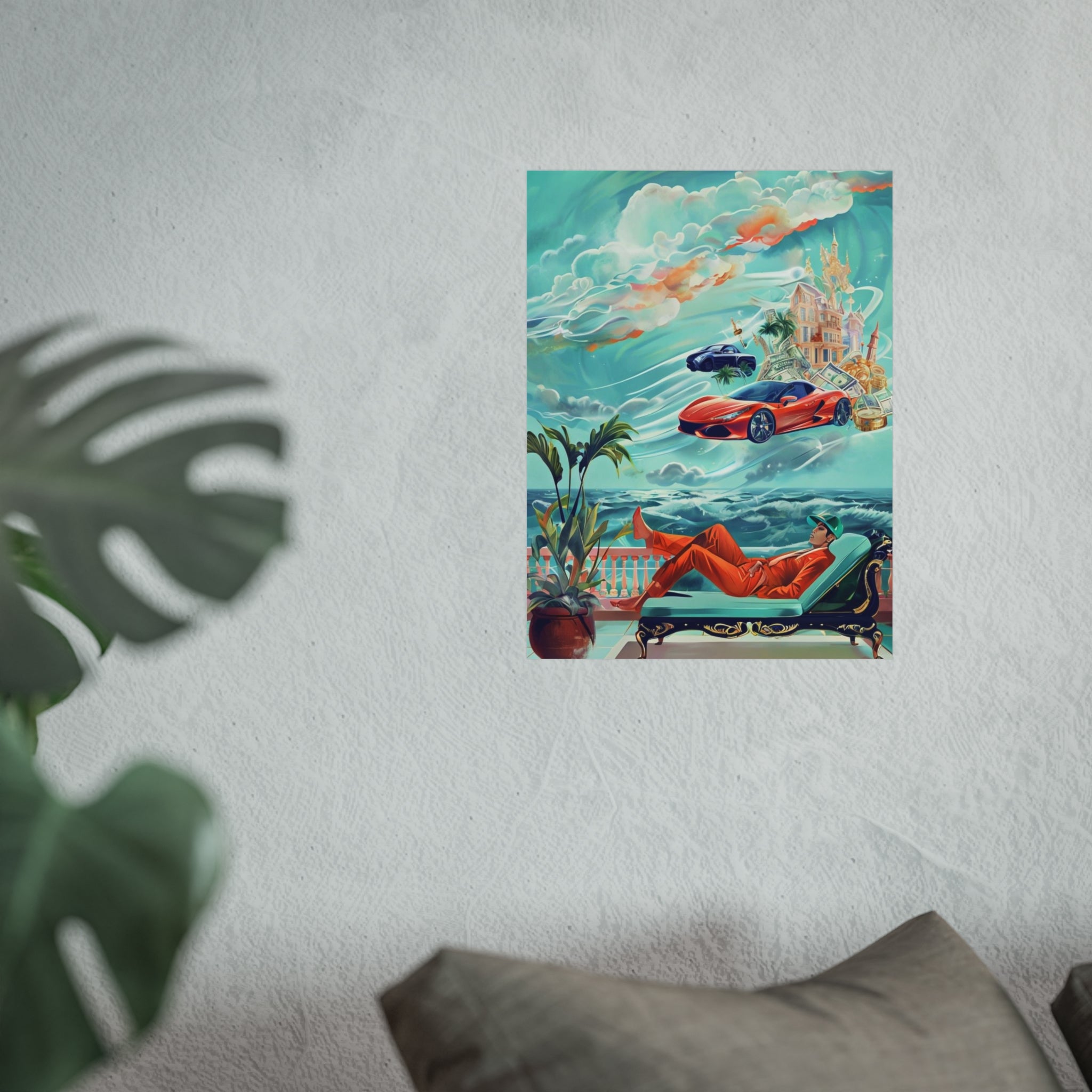 Surreal Coastline Art Poster — Dreamy Sports Car & Lounging Figure Print