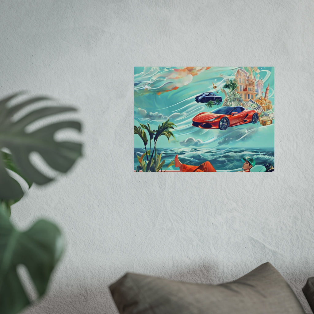 Surreal Coastline Art Poster — Dreamy Sports Car & Lounging Figure Print