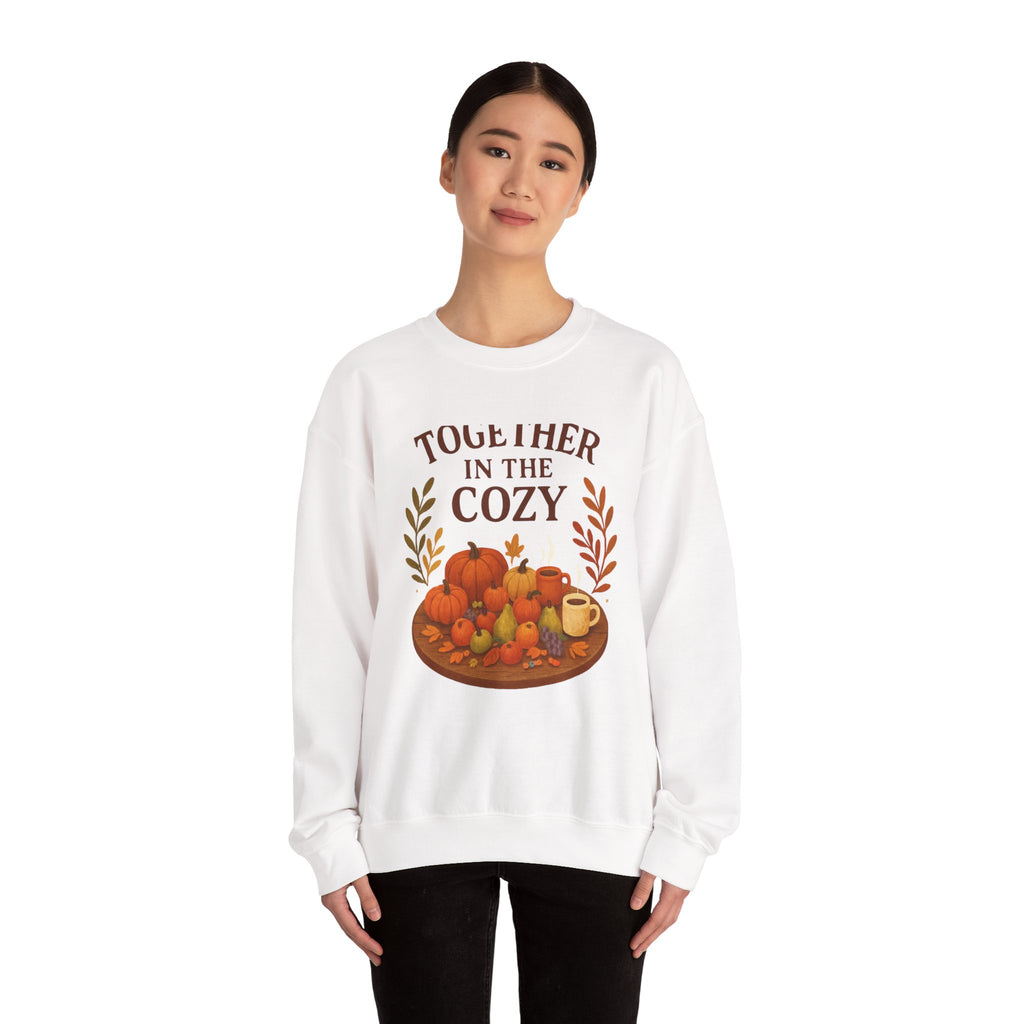 Cozy Fall Sweatshirt — "Together in the Cozy" Pumpkin & Mug Crewneck