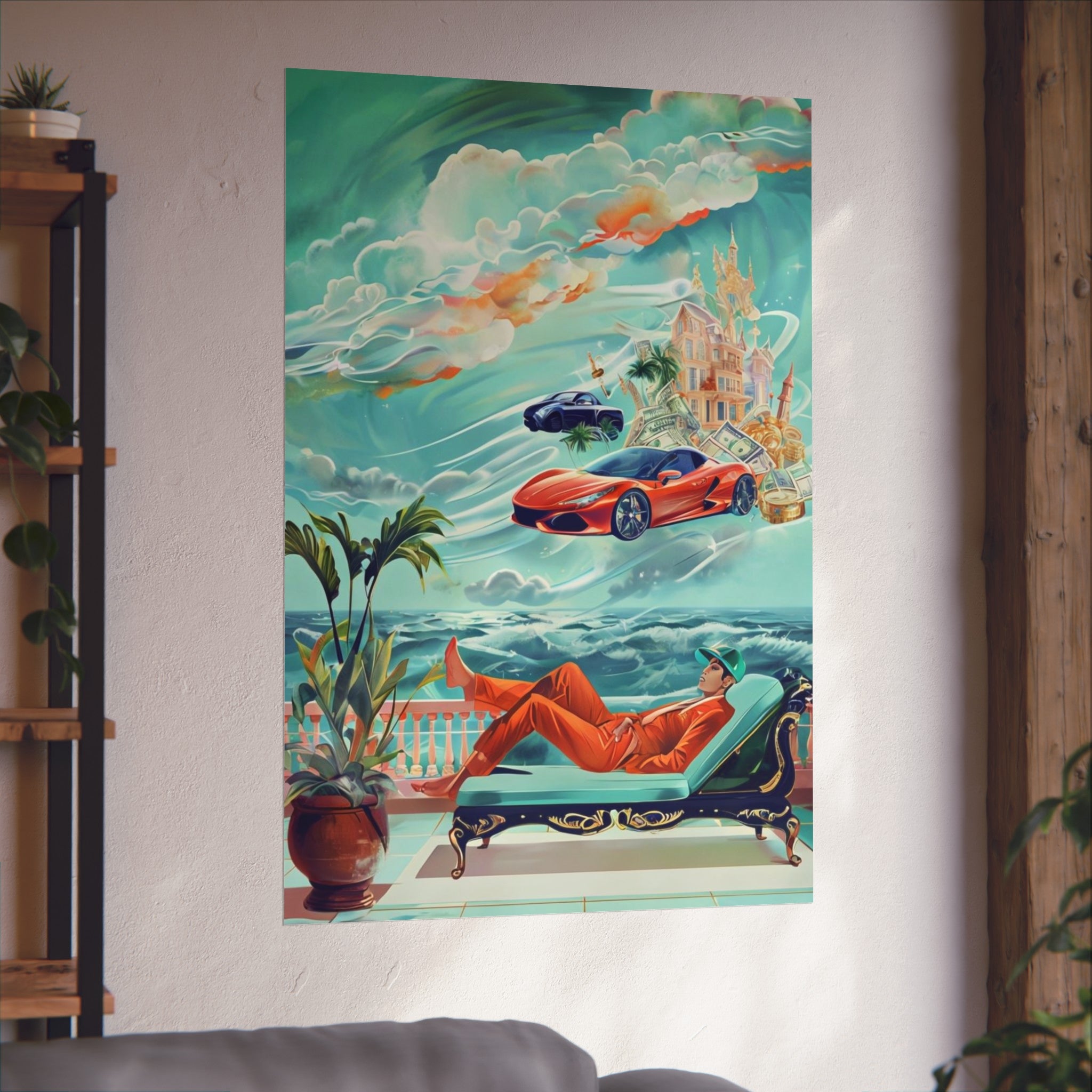 Surreal Coastline Art Poster — Dreamy Sports Car & Lounging Figure Print