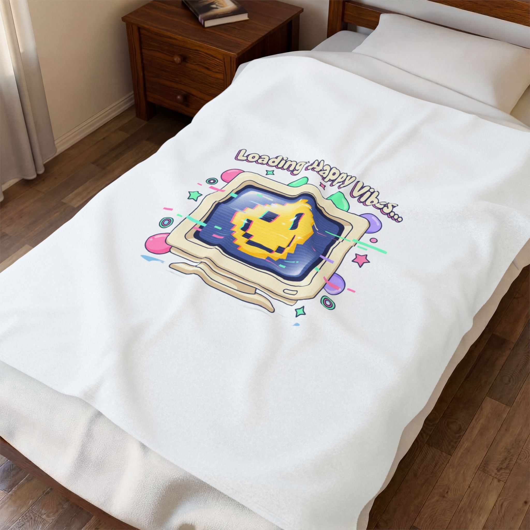 Loading Happy Vibes Retro OS Pixel Smiley Blanket | Y2K Retro Tech Nostalgia
