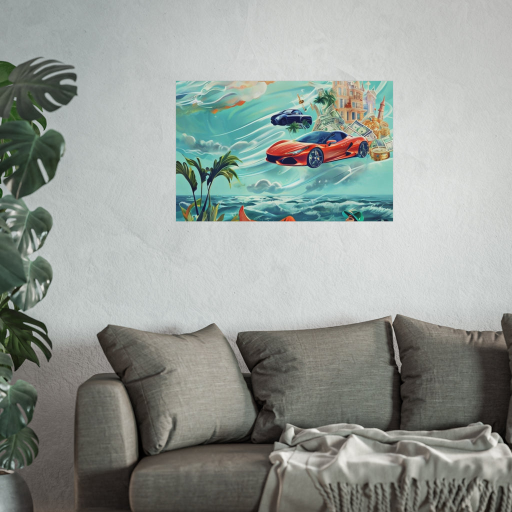 Surreal Coastline Art Poster — Dreamy Sports Car & Lounging Figure Print
