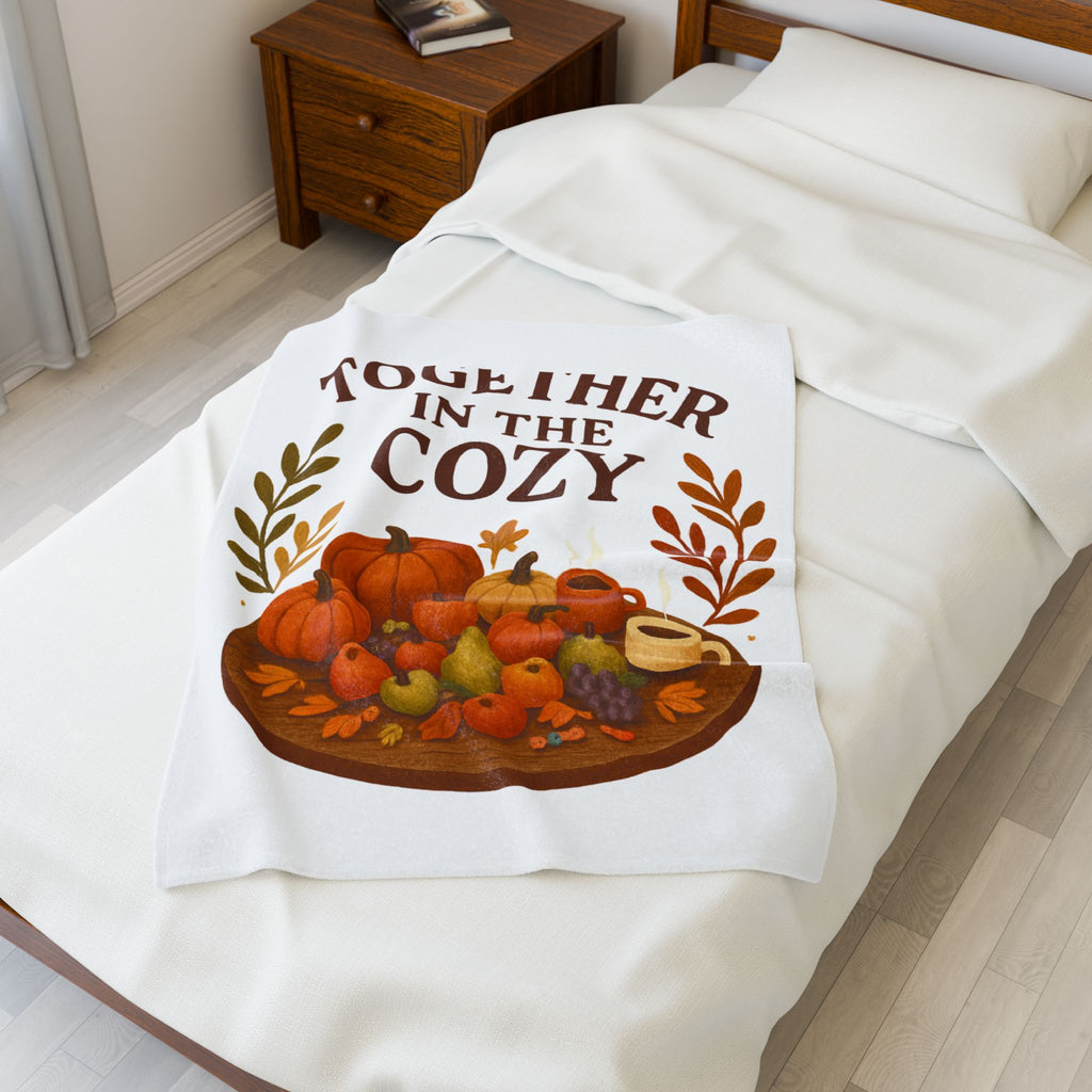 Velveteen Throw Blanket — "Together in the Cozy" Autumn Pumpkin & Warm Drink Design