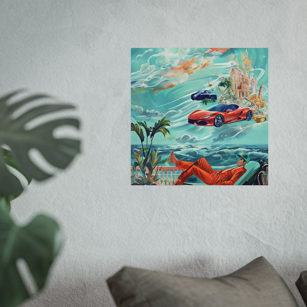 Surreal Coastline Art Poster — Dreamy Sports Car & Lounging Figure Print