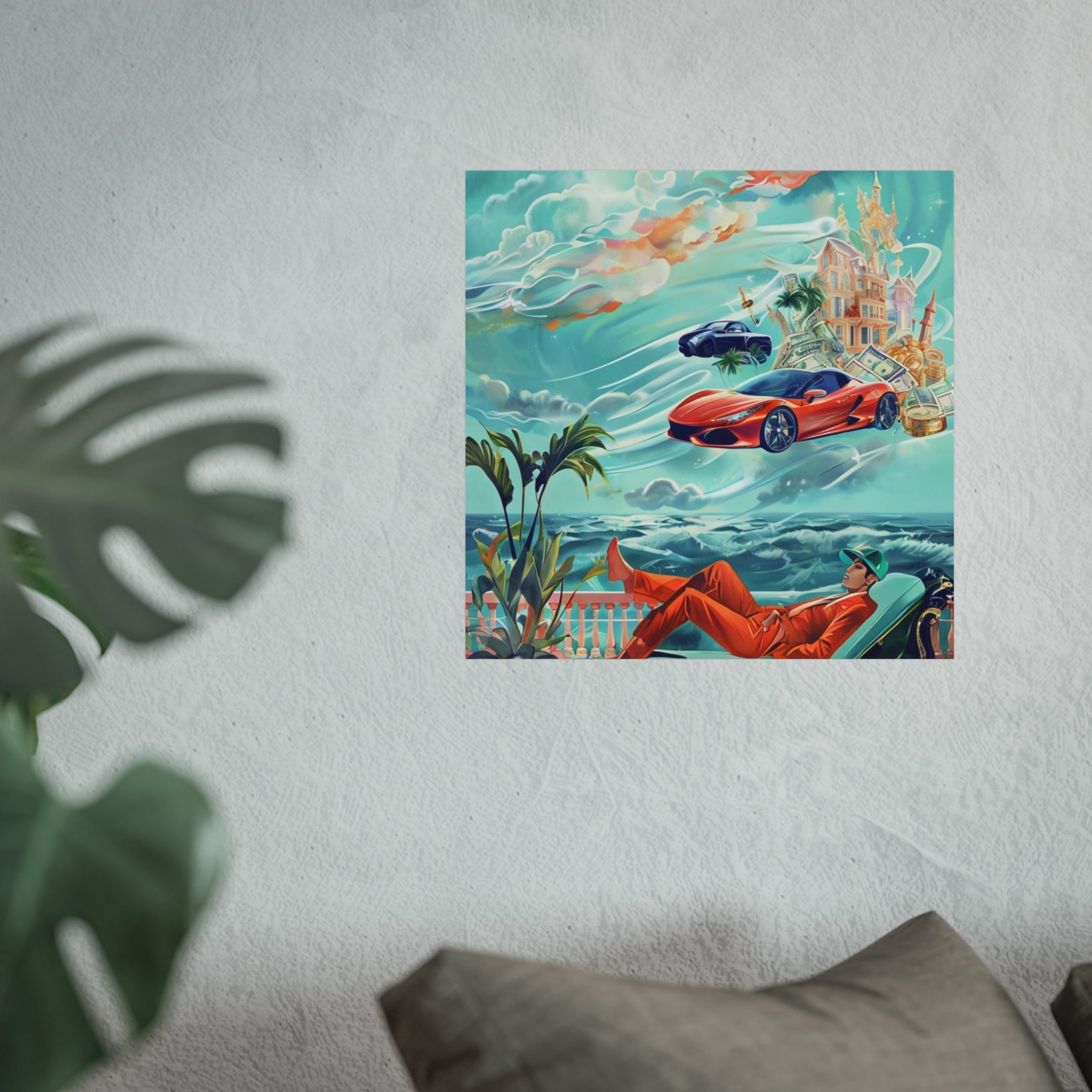 Surreal Coastline Art Poster — Dreamy Sports Car & Lounging Figure Print