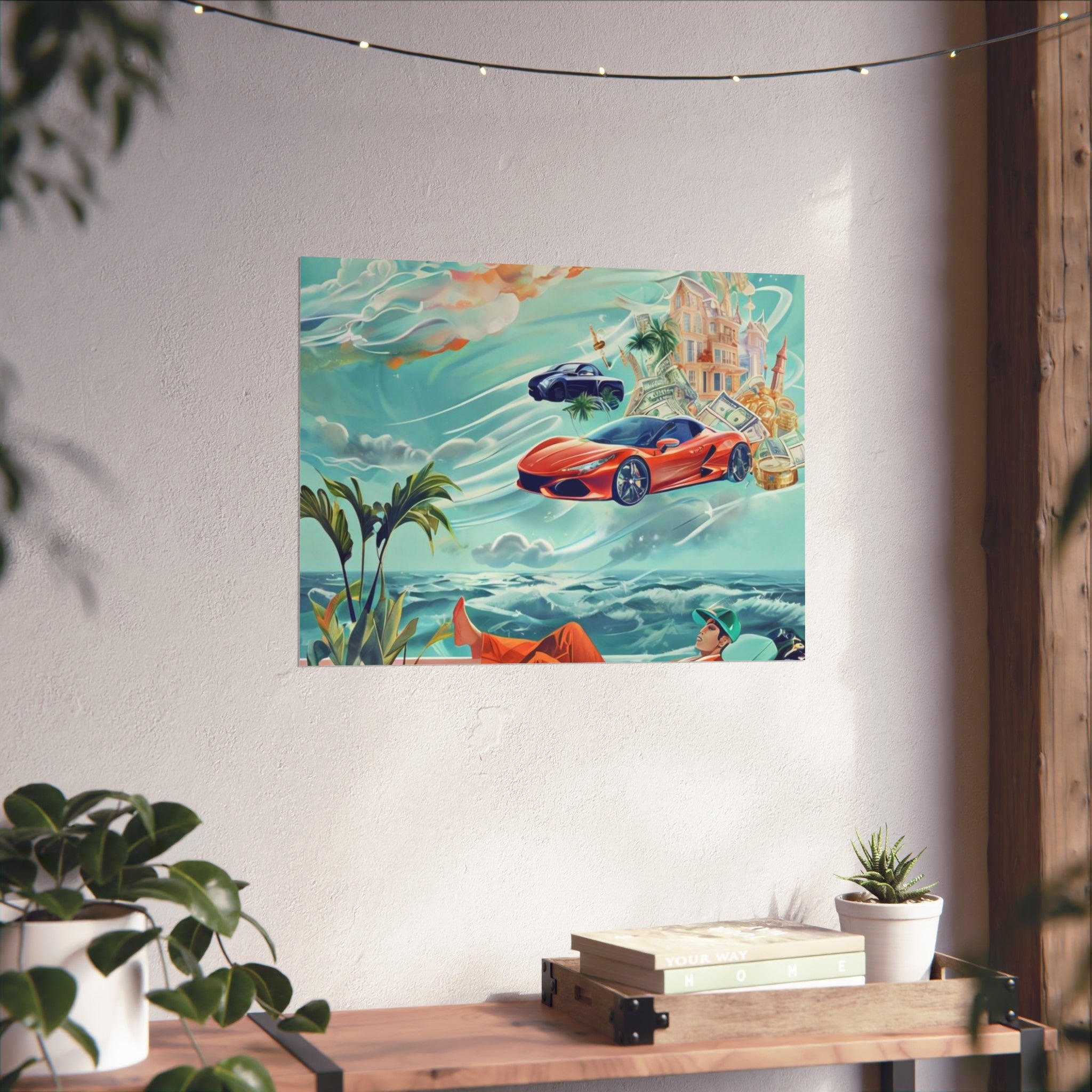 Surreal Coastline Art Poster — Dreamy Sports Car & Lounging Figure Print