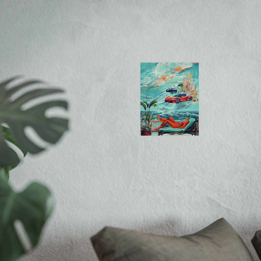 Surreal Coastline Art Poster — Dreamy Sports Car & Lounging Figure Print