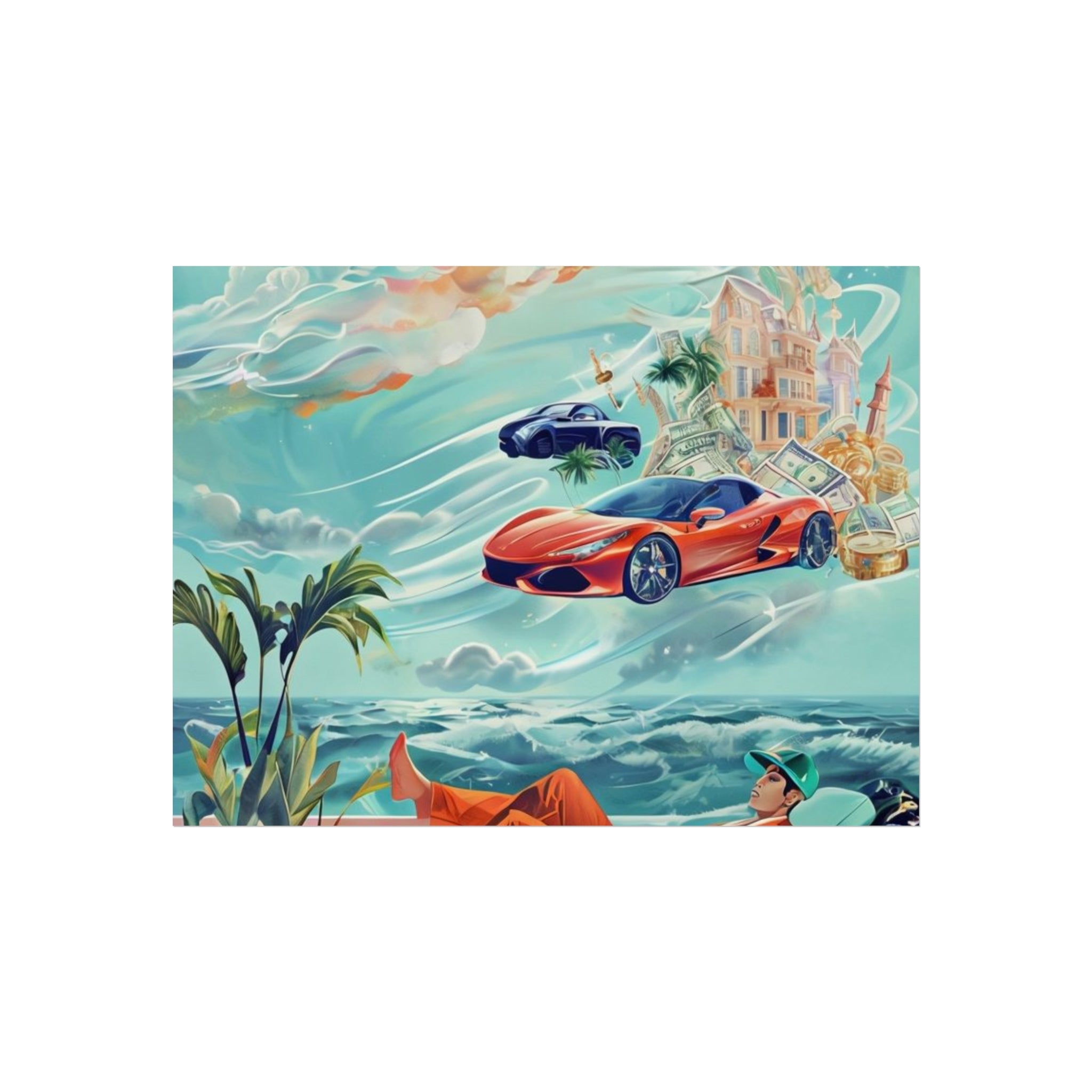 Surreal Coastline Art Poster — Dreamy Sports Car & Lounging Figure Print