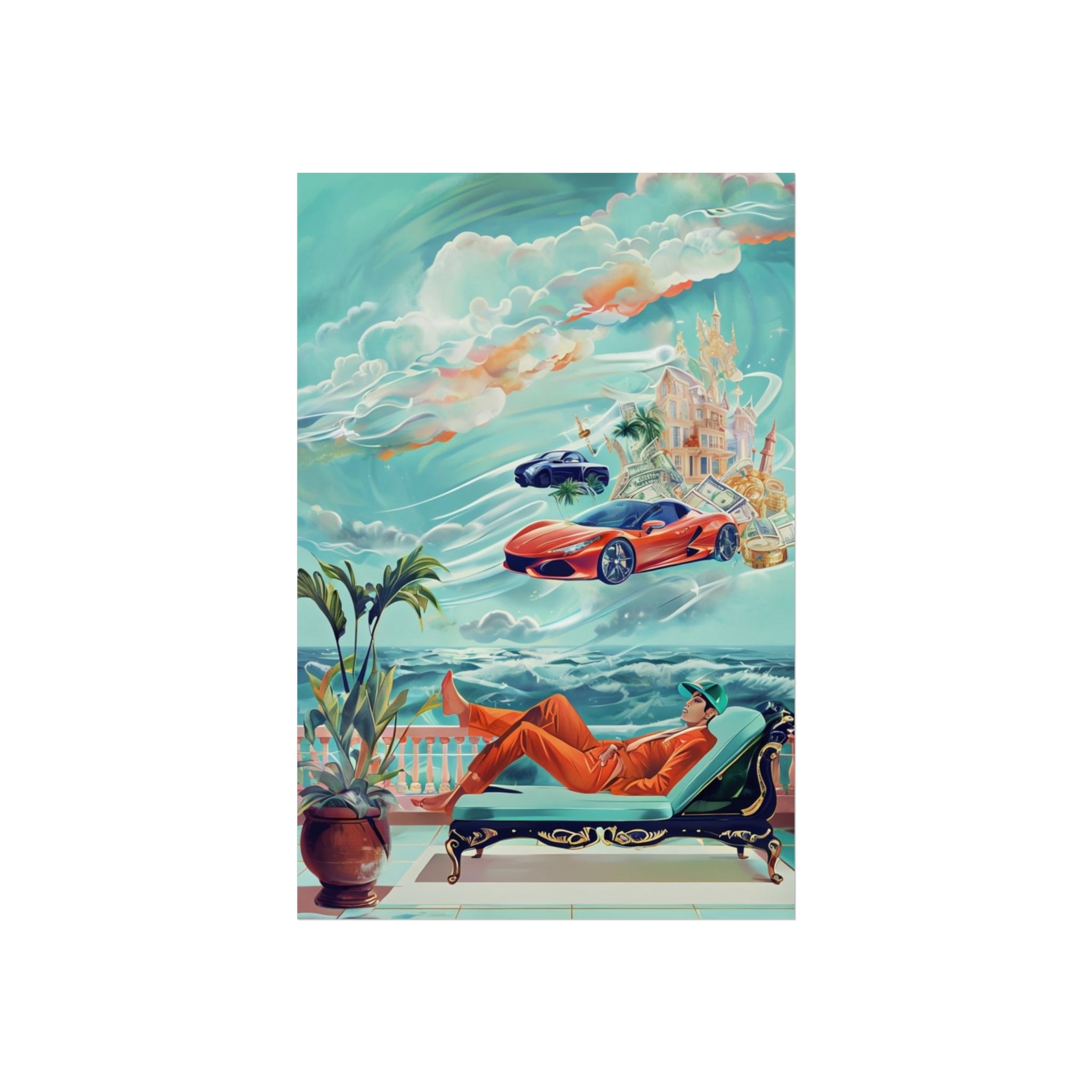 Surreal Coastline Art Poster — Dreamy Sports Car & Lounging Figure Print