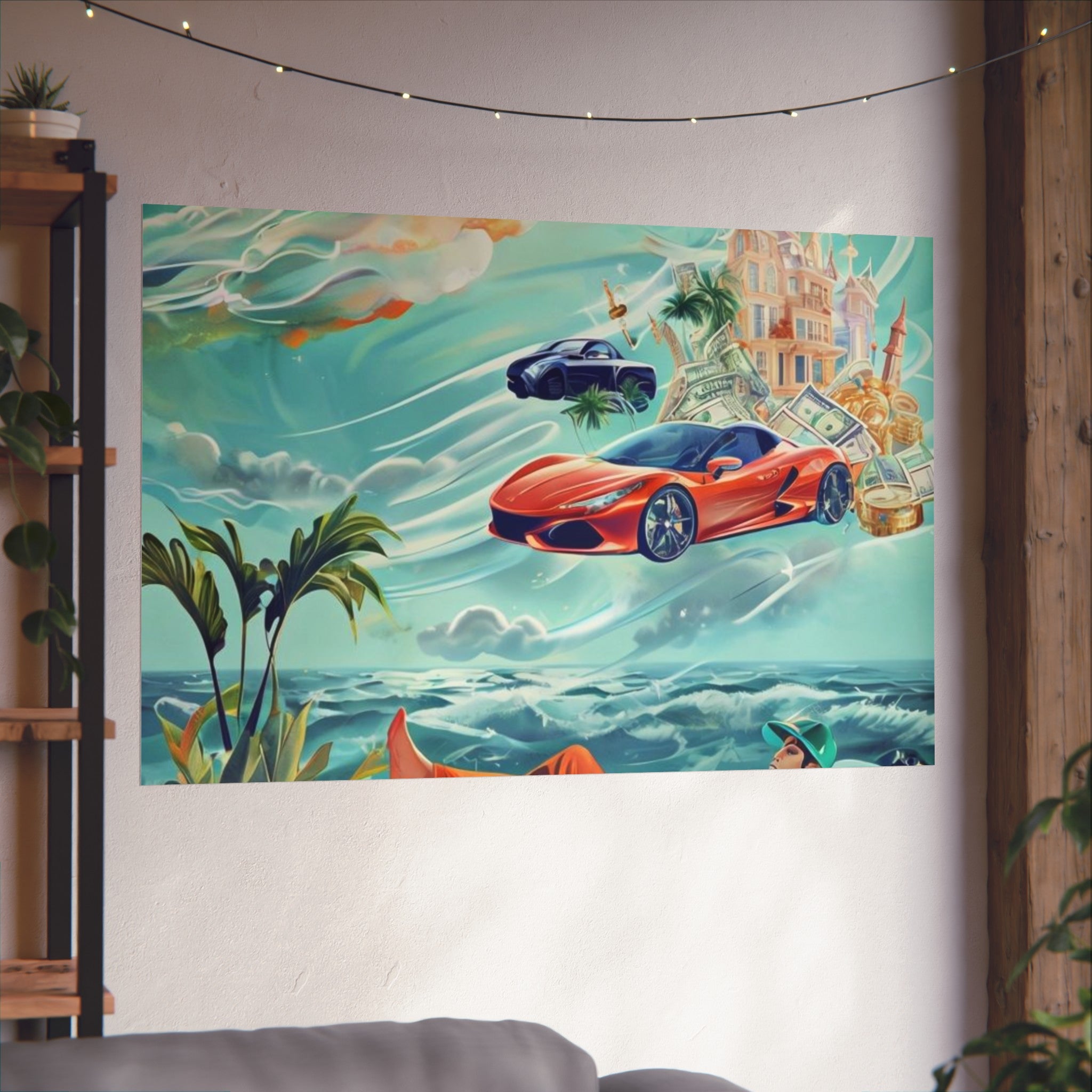 Surreal Coastline Art Poster — Dreamy Sports Car & Lounging Figure Print
