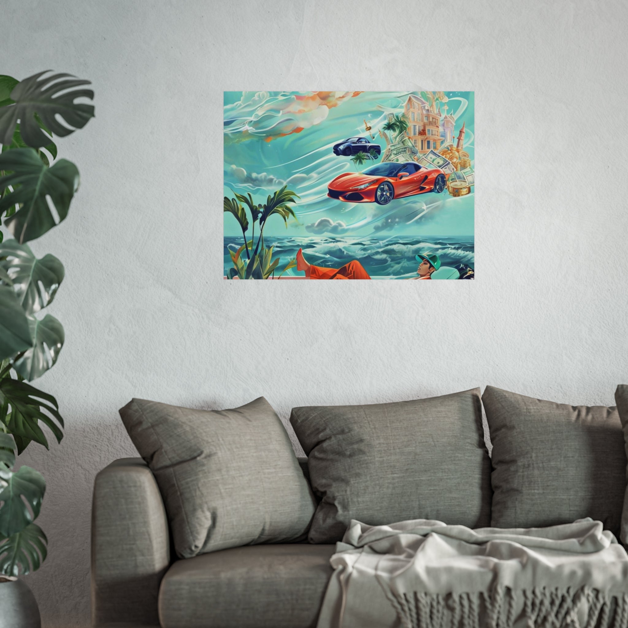 Surreal Coastline Art Poster — Dreamy Sports Car & Lounging Figure Print
