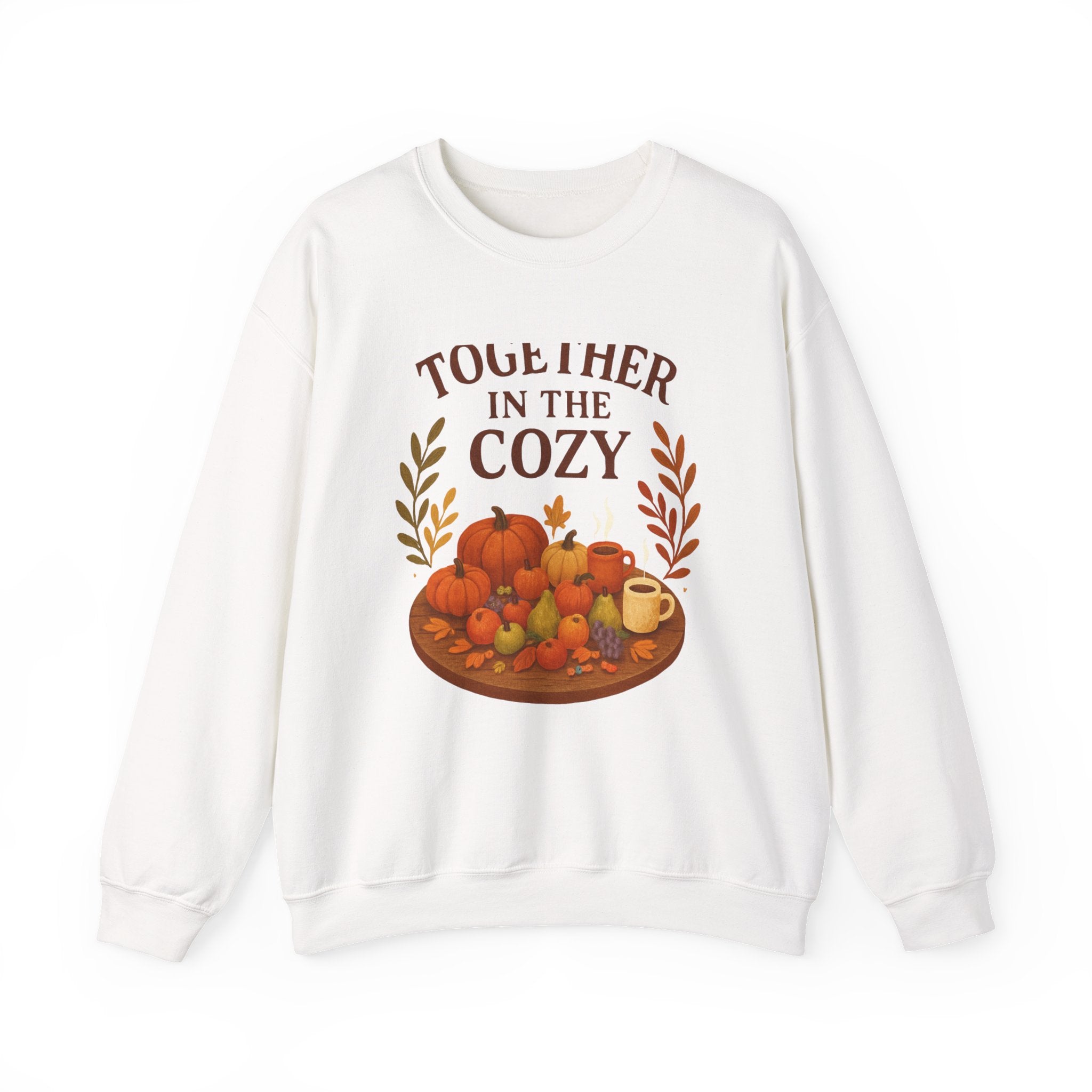 Cozy Fall Sweatshirt — "Together in the Cozy" Pumpkin & Mug Crewneck