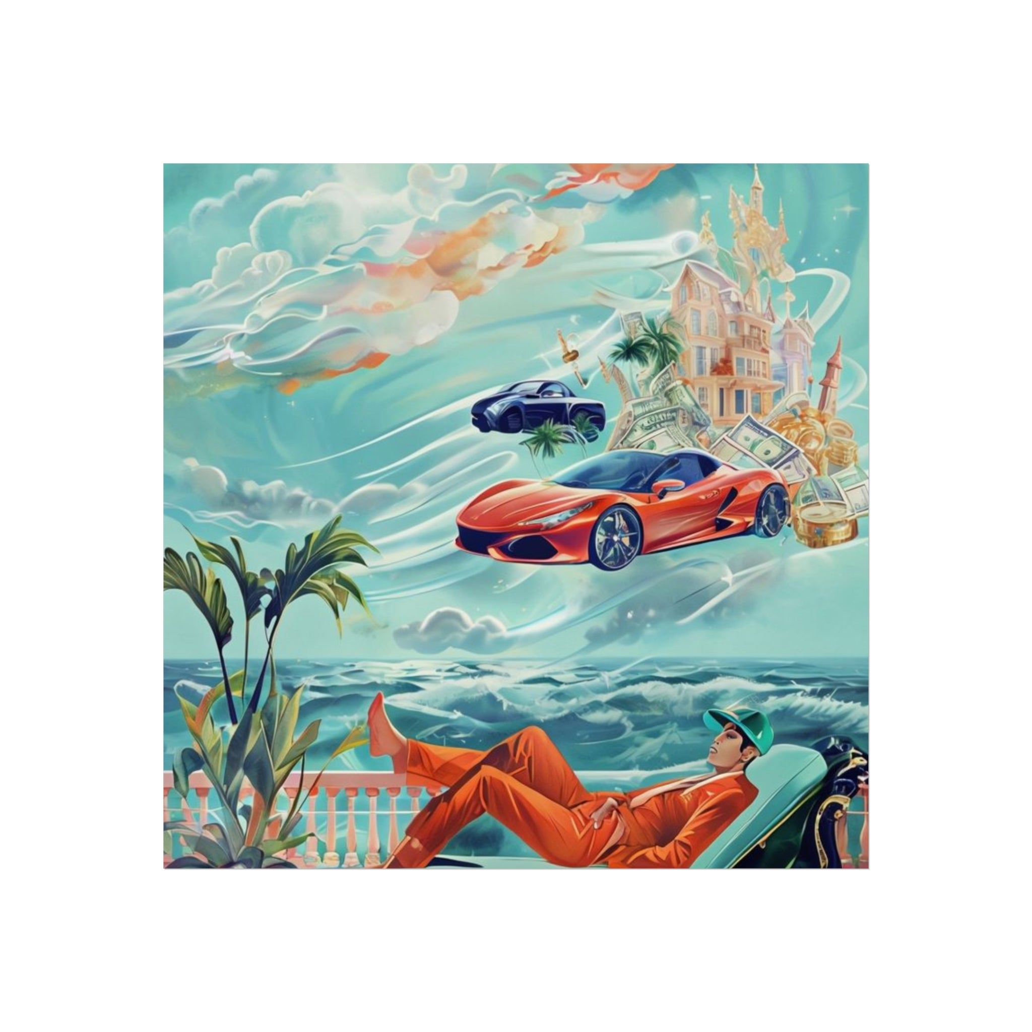 Surreal Coastline Art Poster — Dreamy Sports Car & Lounging Figure Print