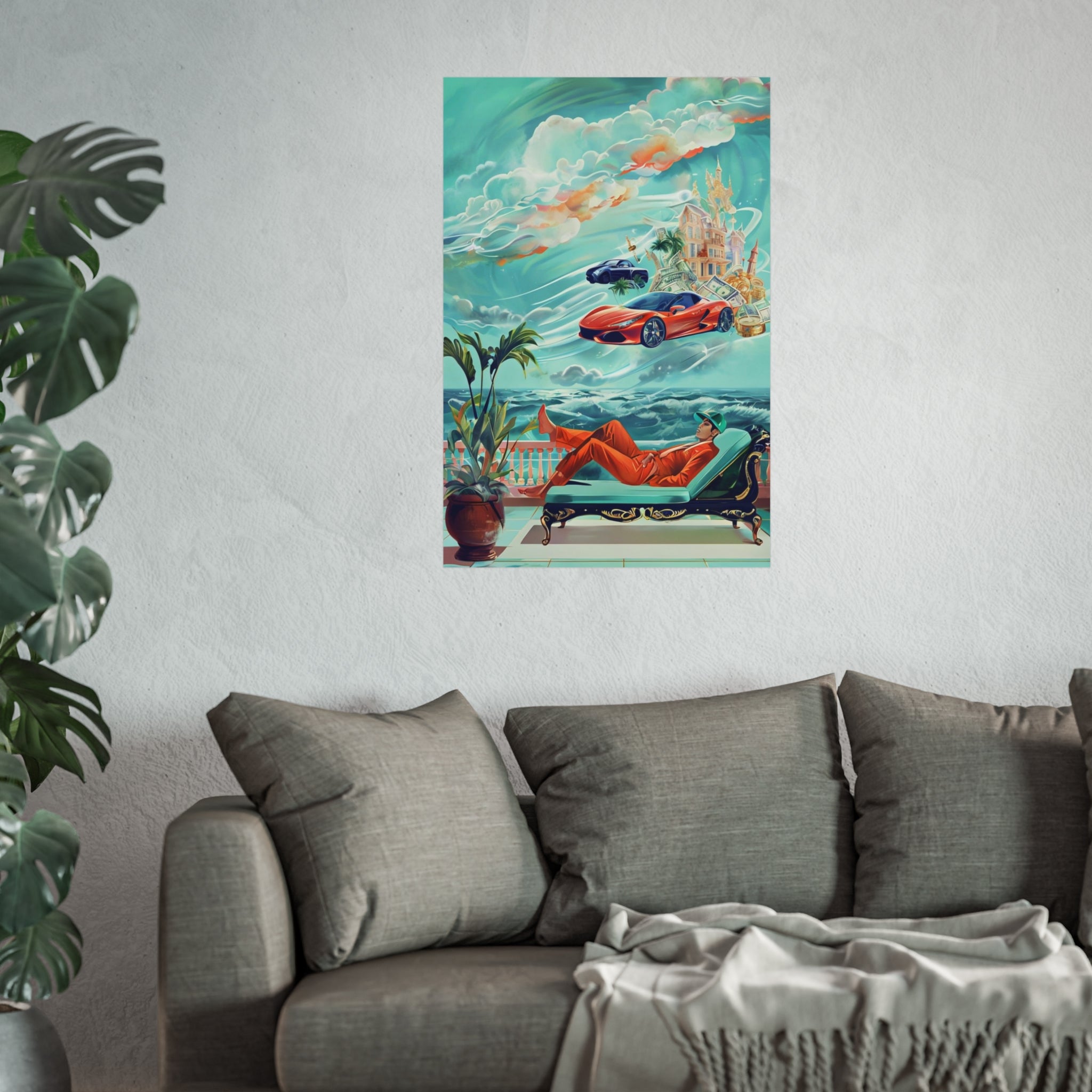 Surreal Coastline Art Poster — Dreamy Sports Car & Lounging Figure Print