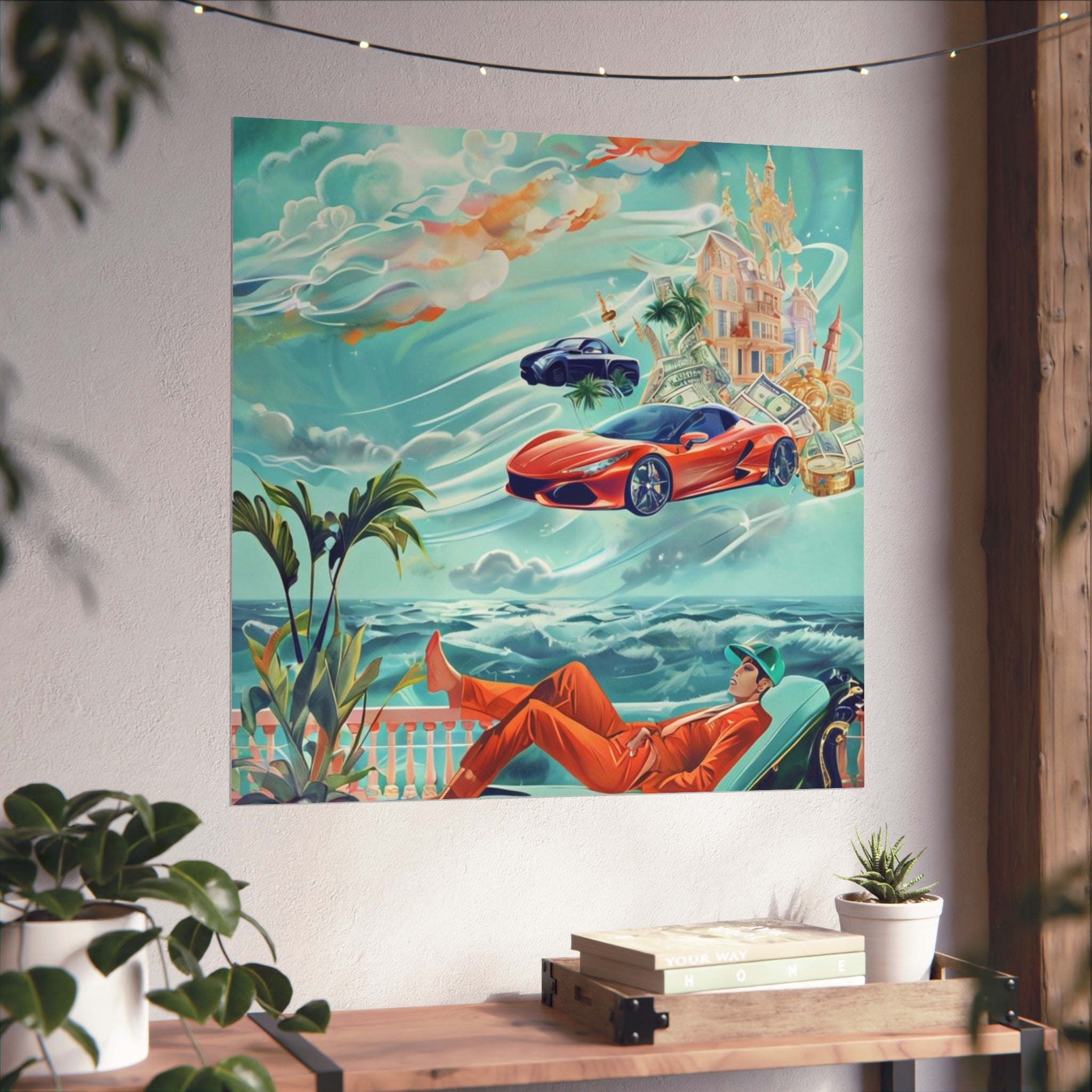 Surreal Coastline Art Poster — Dreamy Sports Car & Lounging Figure Print