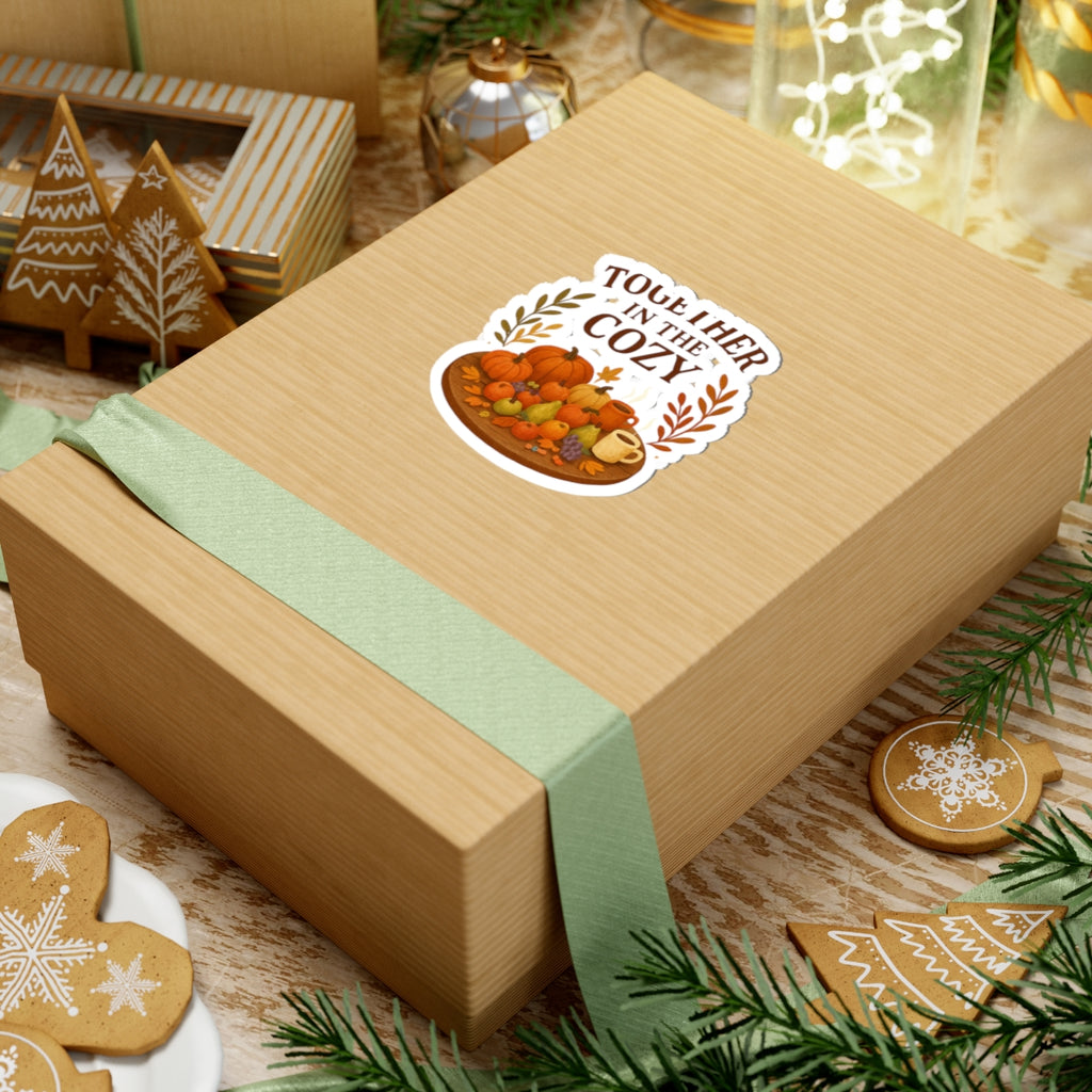 Together in the Cozy Fall Sticker — Autumn Pumpkin & Hot Drink Kiss-Cut Sticker