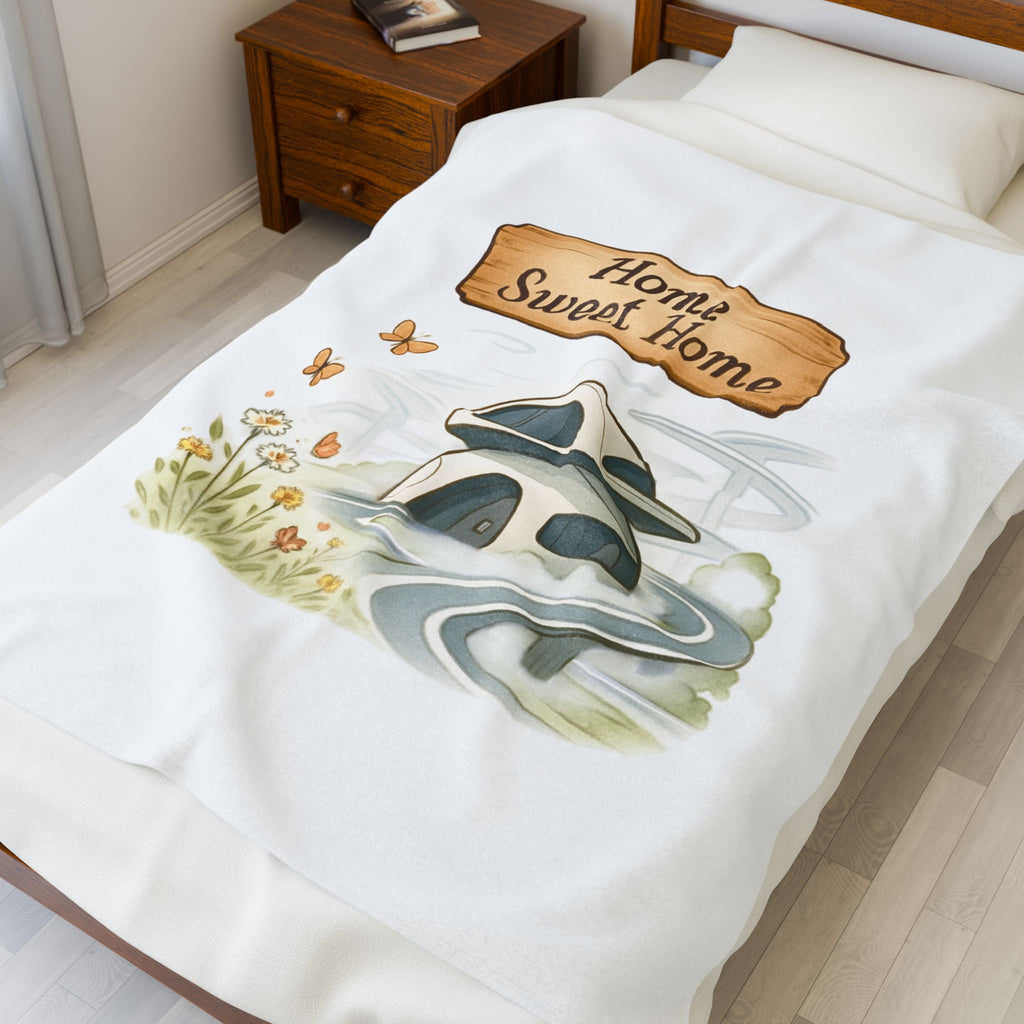 Home Sweet Home Velveteen Plush Blanket — Cozy Cottage Illustration Throw